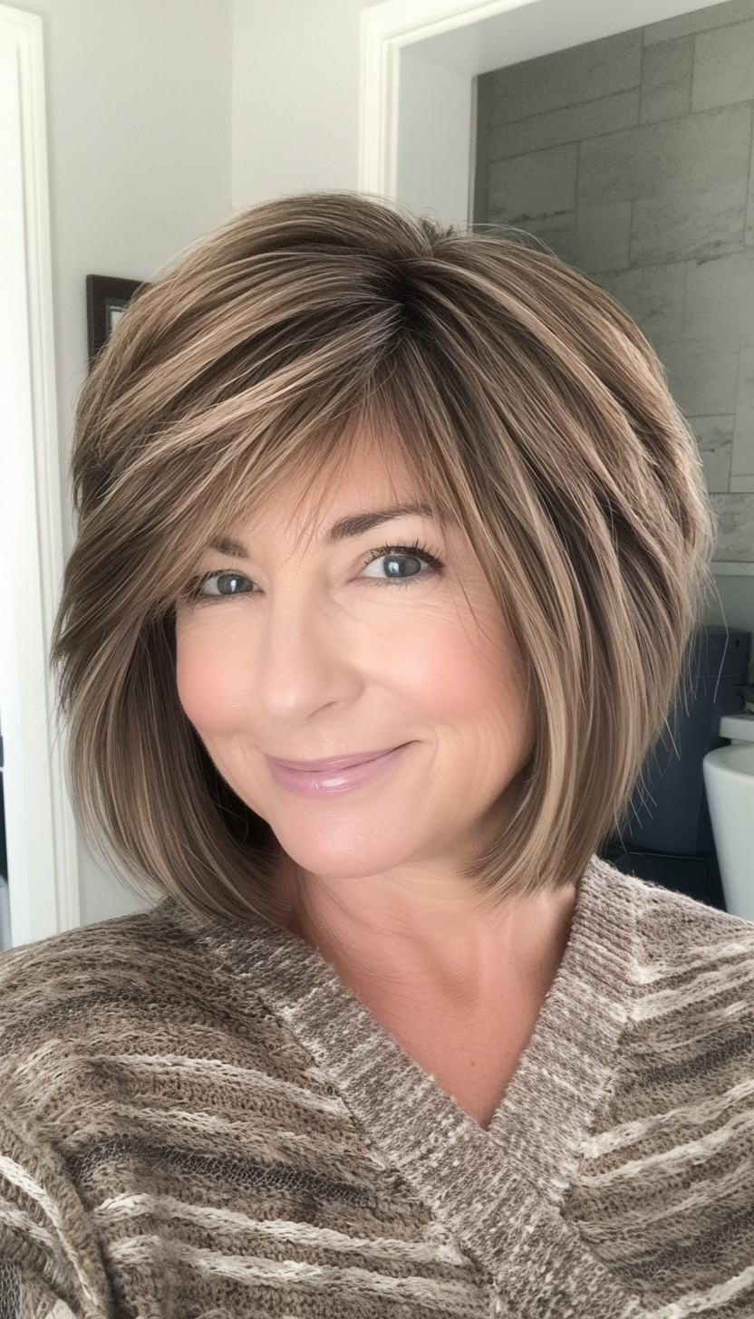 19. Wispy Bob with Bangs in Mocha Brown (Short Hairstyles For Older Women With Thick Hair) - Short Hairstyles For Older Women With Thick Hair