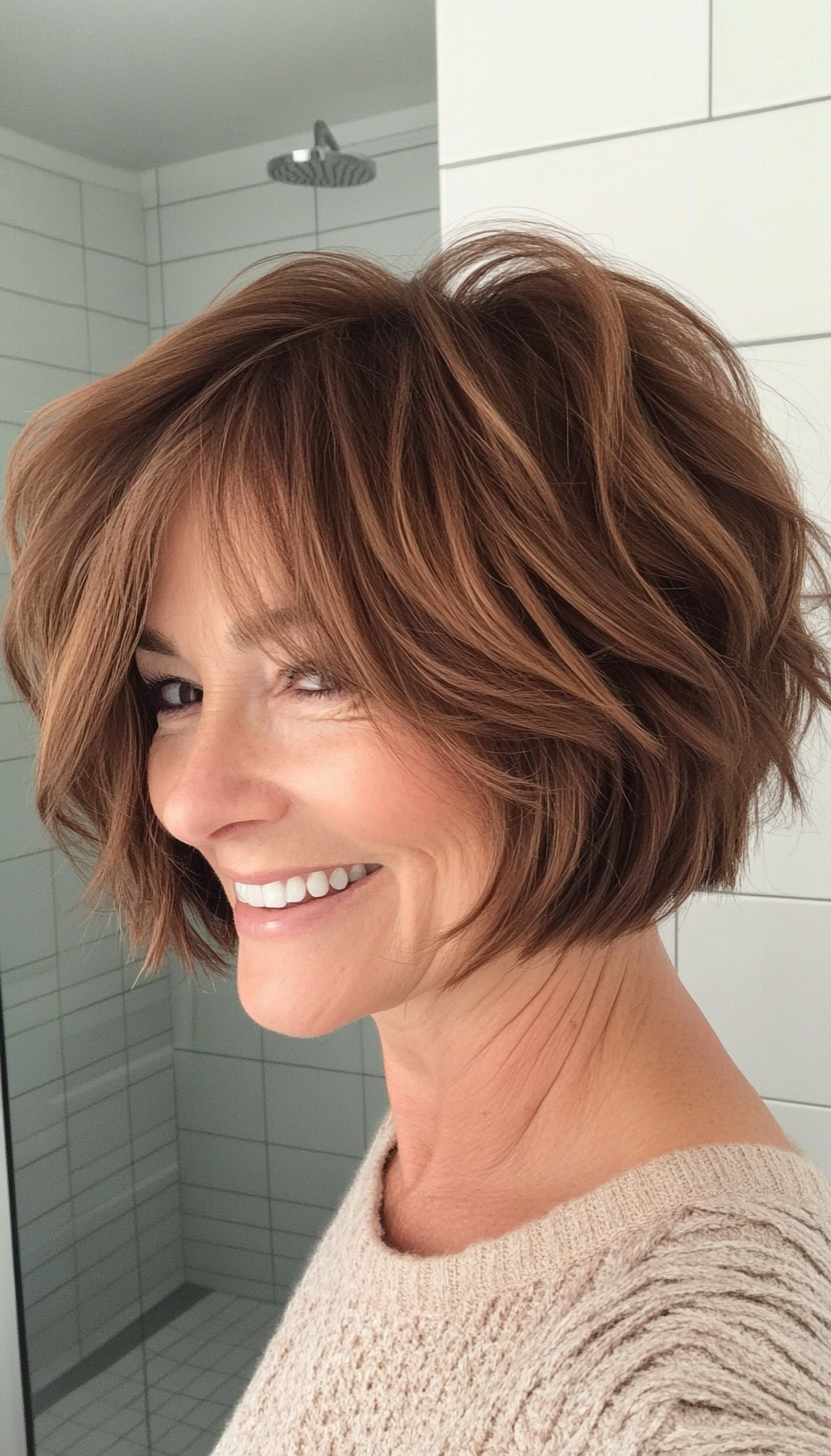 25. Messy Bob in Hazelnut Brown (Short Hairstyles For Older Women With Thick Hair) - Short Hairstyles For Older Women With Thick Hair