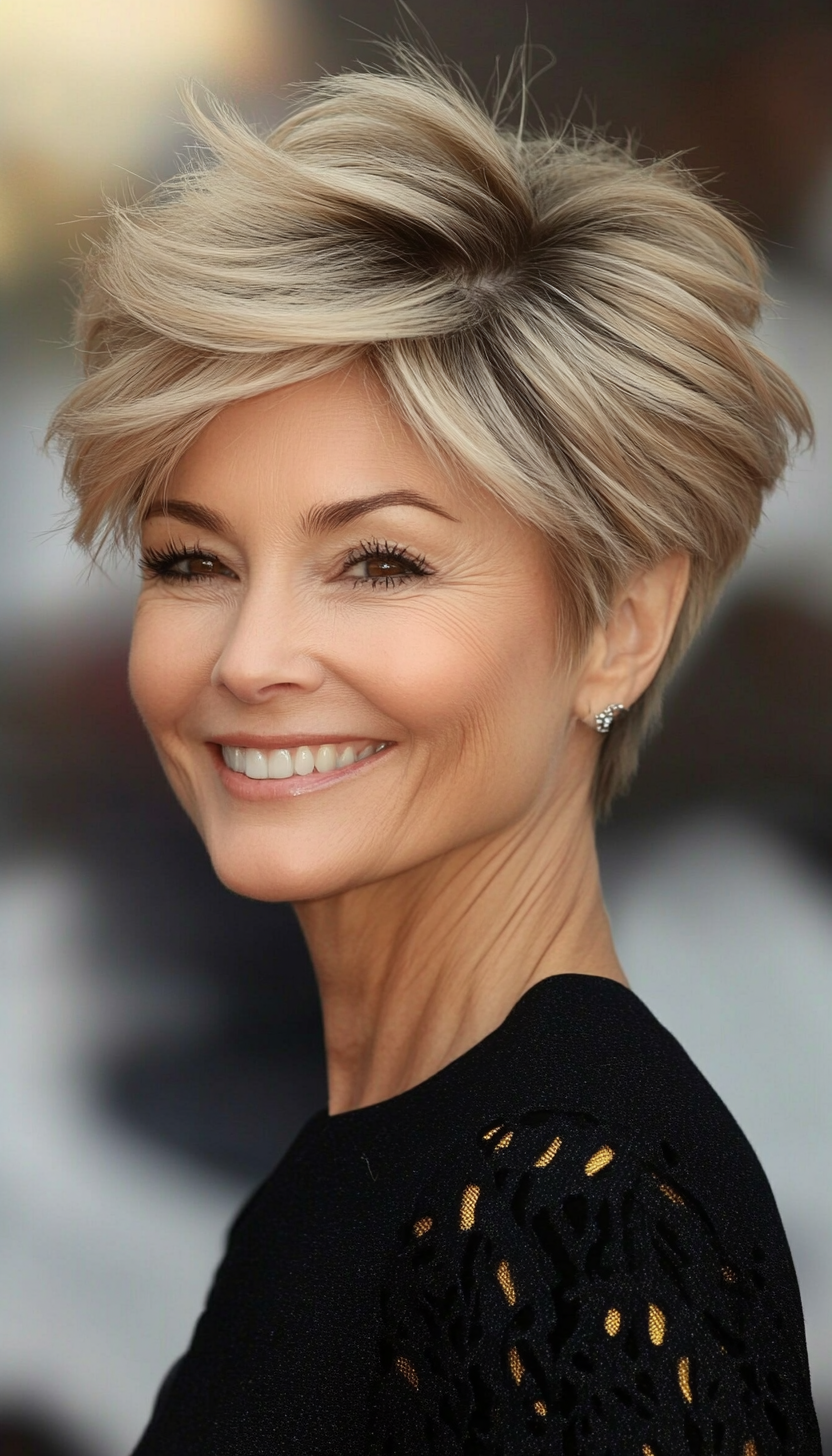 9. Voluminous Pixie with Sandy Blonde (Hairstyles For Women Over 60 With Thin Hair) - Hairstyles For Women Over 60 With Thin Hair