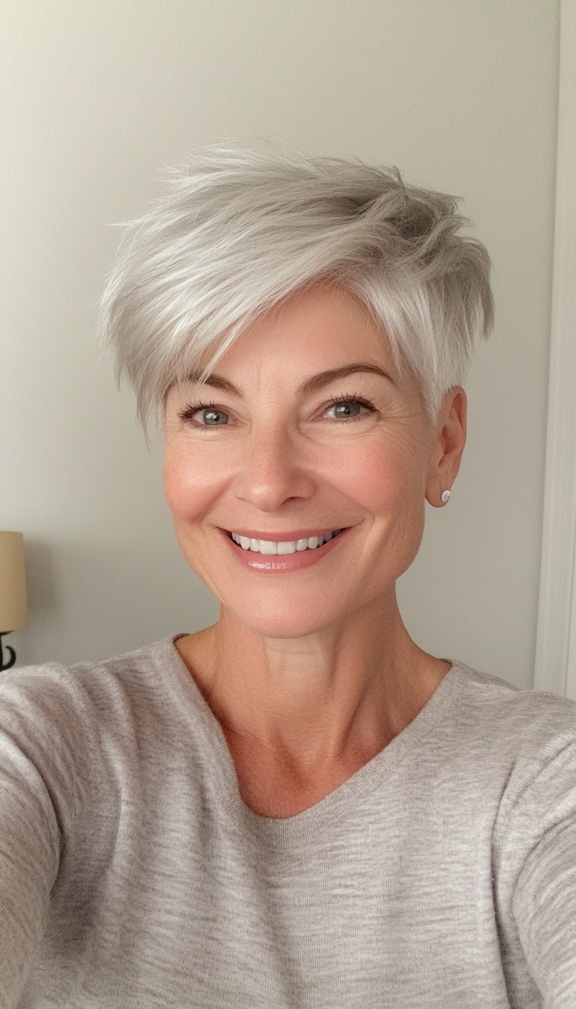 18. Cropped Feathered Cut with Silver Blonde (Hairstyles For Women Over 60 With Thin Hair) - Hairstyles For Women Over 60 With Thin Hair