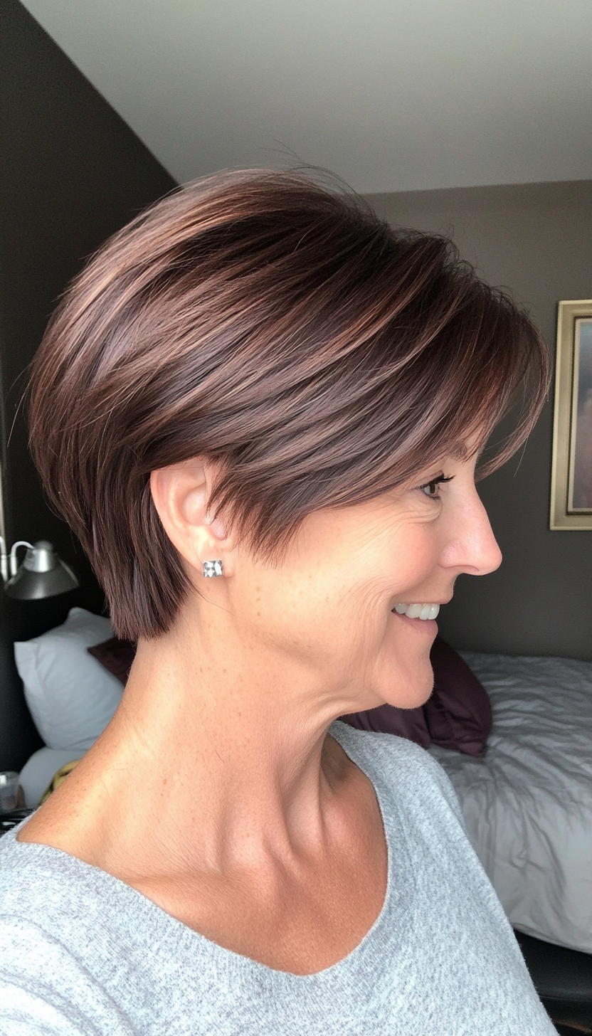 20. Short Layered Cut with Deep Mahogany Brown (Hairstyles For Women Over 60 With Thin Hair) - Hairstyles For Women Over 60 With Thin Hair