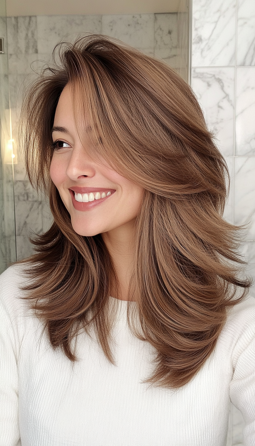 1. Feathered Layers in Chestnut Brown (Medium Length Layered Haircuts) - Medium Length Layered Haircuts