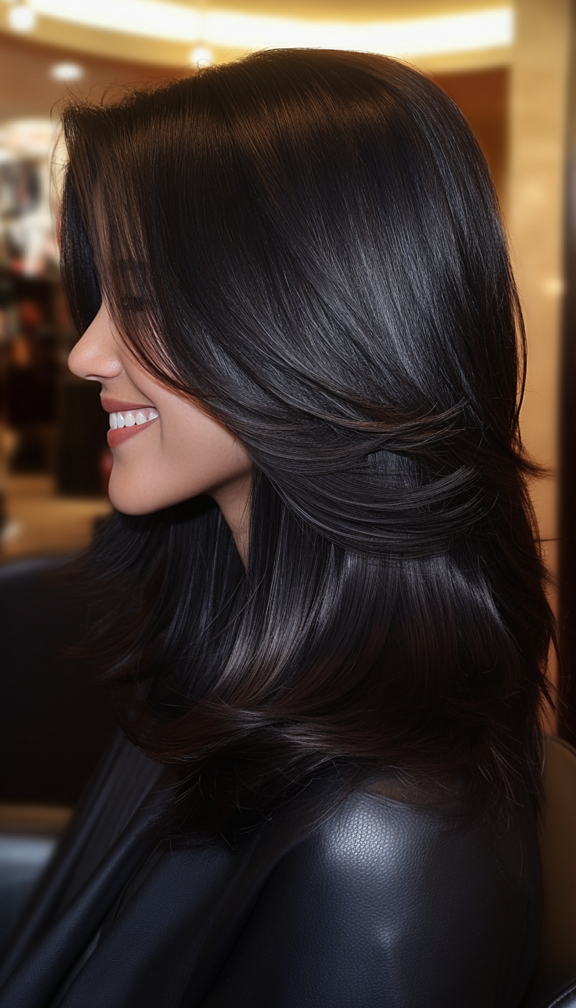 2. Long Face-Framing Layers in Deep Black (Medium Length Layered Haircuts) - Medium Length Layered Haircuts
