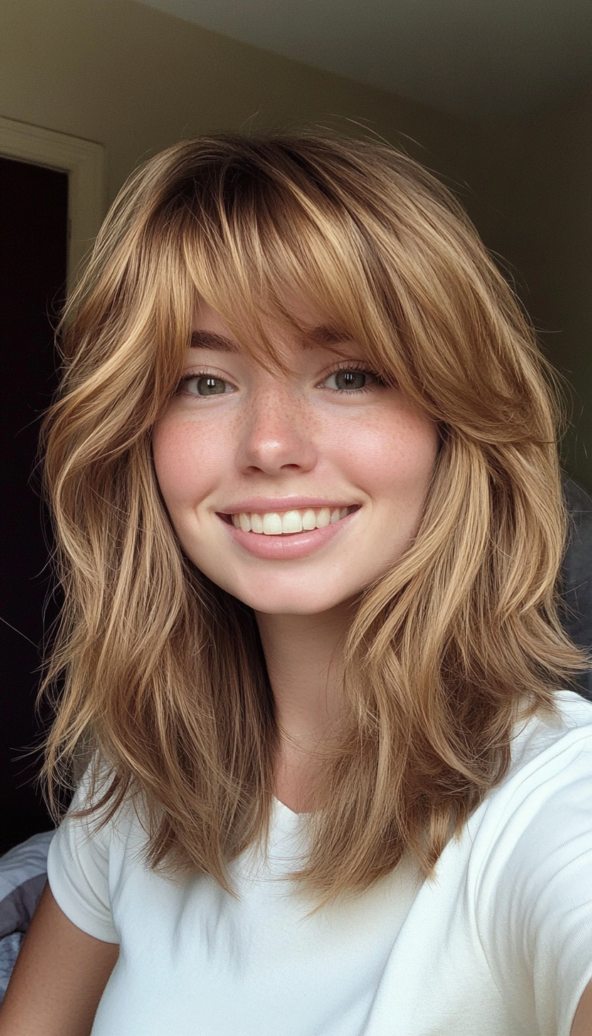 4. Shaggy Layers with Bangs in Golden Brown (Medium Length Layered Haircuts) - Medium Length Layered Haircuts