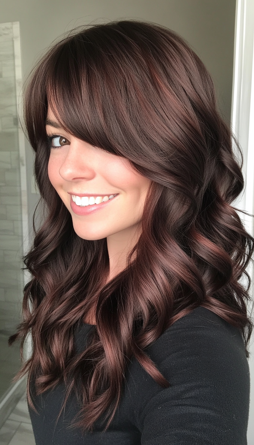 6. Wavy Layers with Side Bangs in Dark Auburn (Medium Length Layered Haircuts) - Medium Length Layered Haircuts