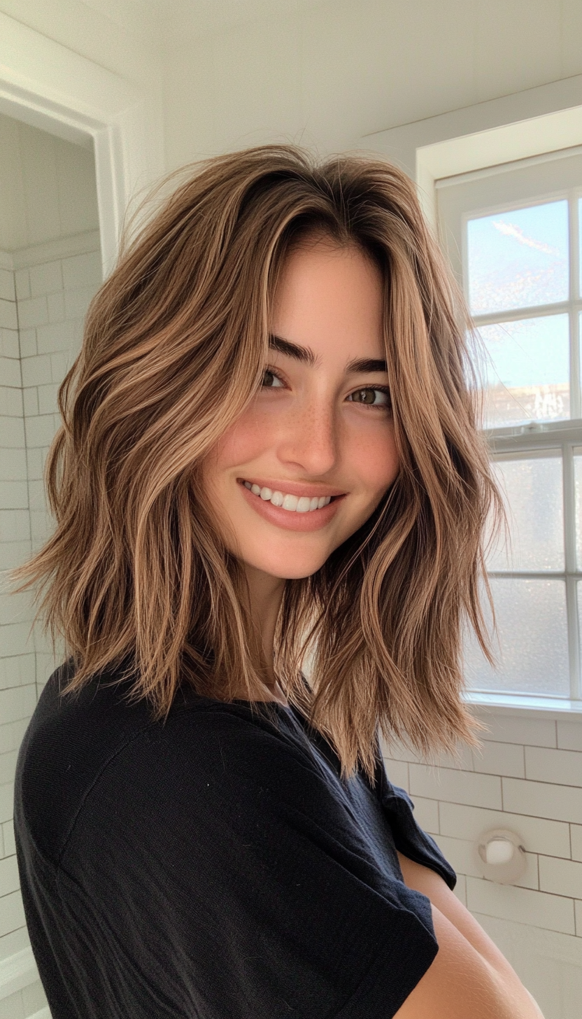 8. Choppy Shoulder-Length Layers in Light Caramel Brown (Medium Length Layered Haircuts) - Medium Length Layered Haircuts