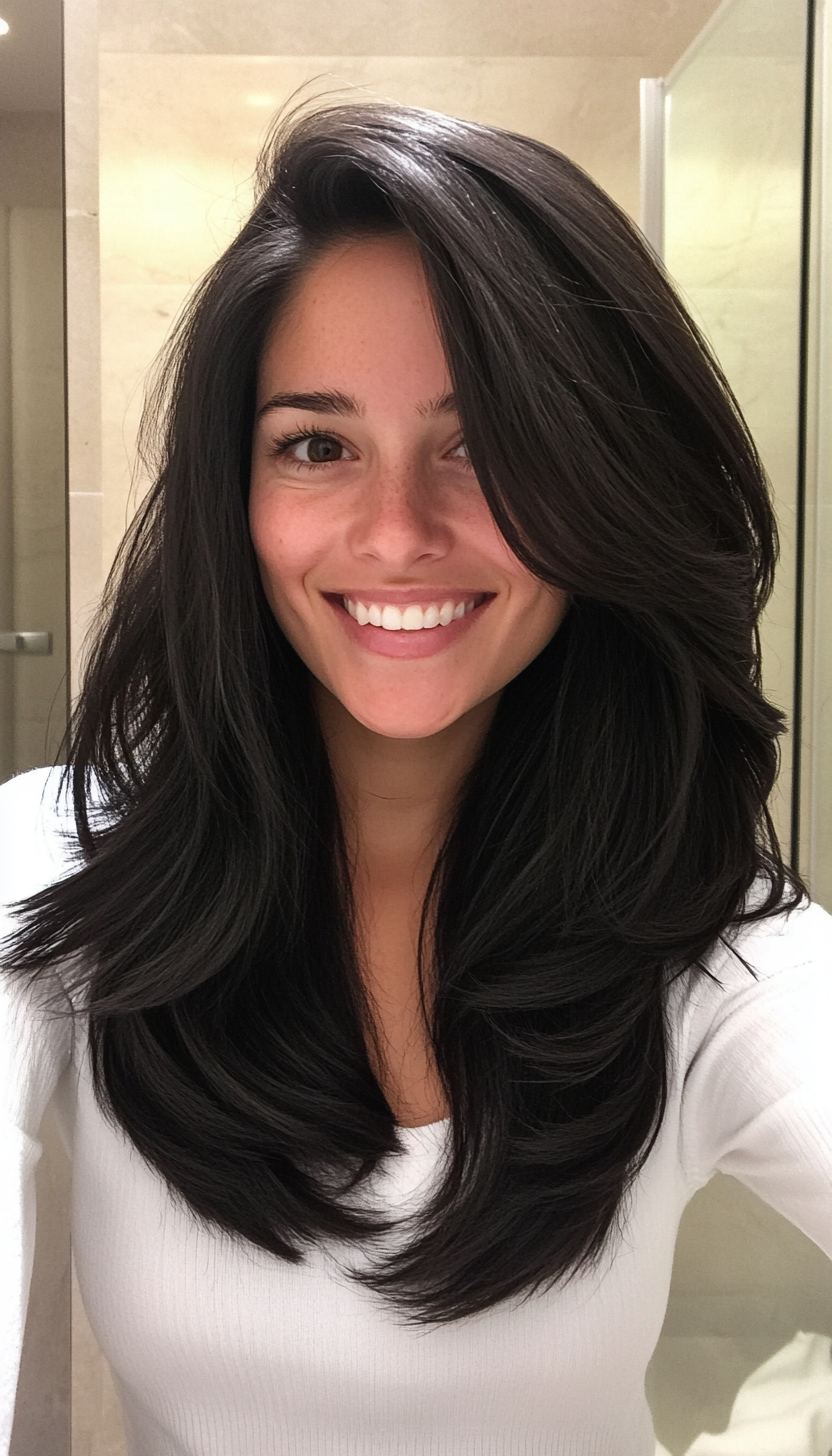 16. Classic Layered Cut in Natural Jet Black (Medium Length Layered Haircuts) - Medium Length Layered Haircuts