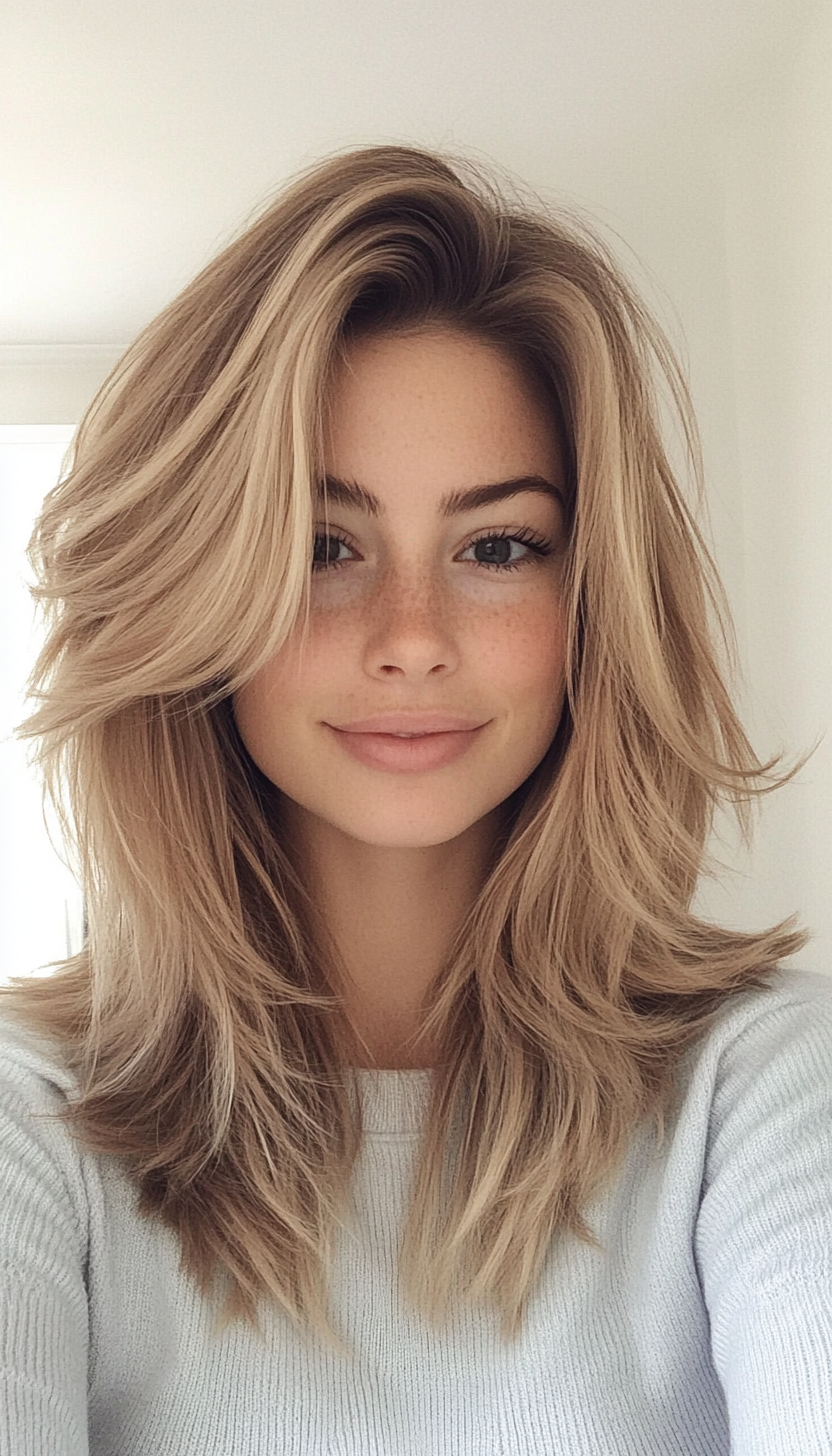 17. Shoulder-Length Layered Cut in Sandy Blonde (Medium Length Layered Haircuts) - Medium Length Layered Haircuts