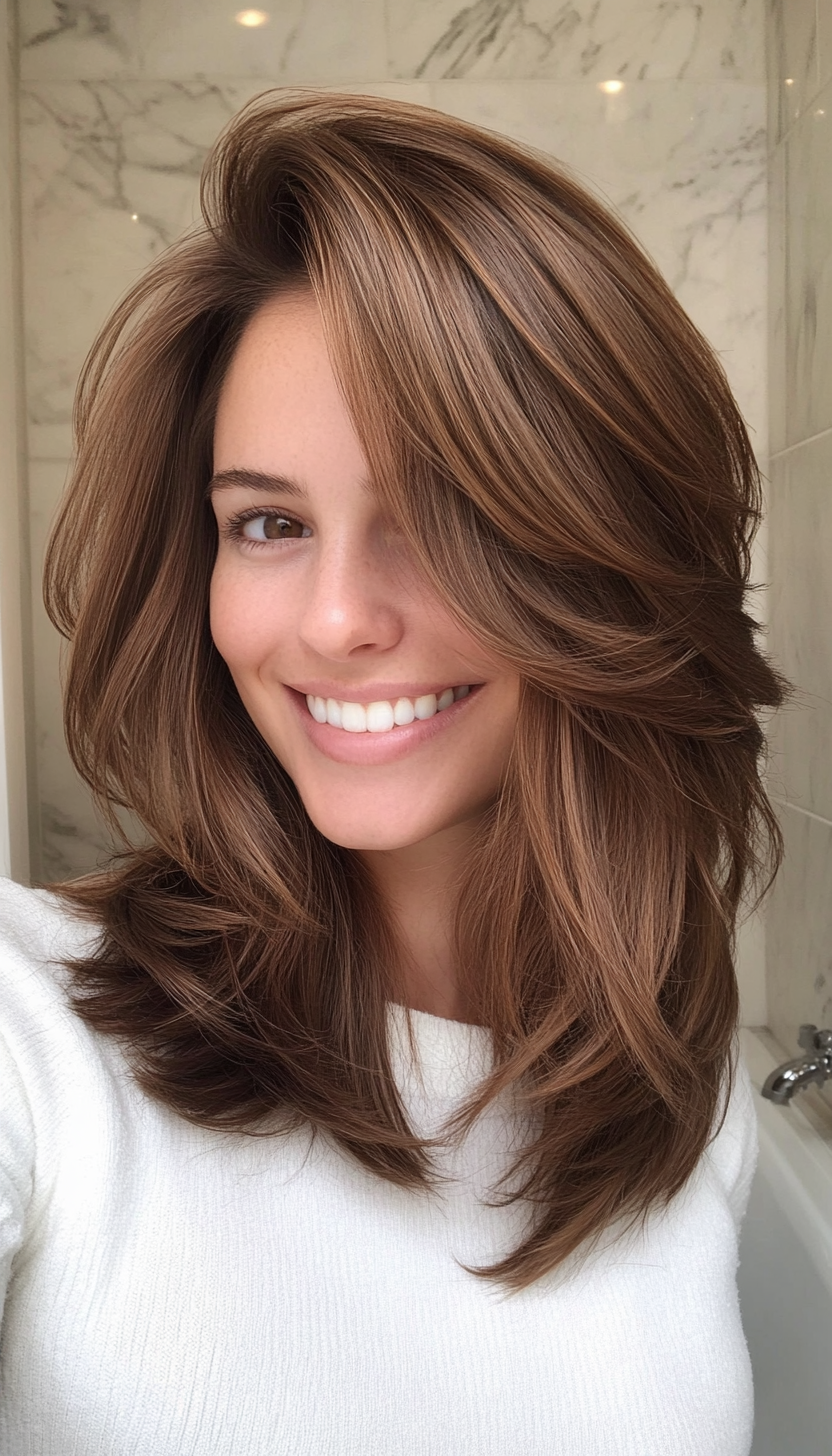 23. Layered Mid-Length Cut in Copper Brown (Medium Length Layered Haircuts) - Medium Length Layered Haircuts