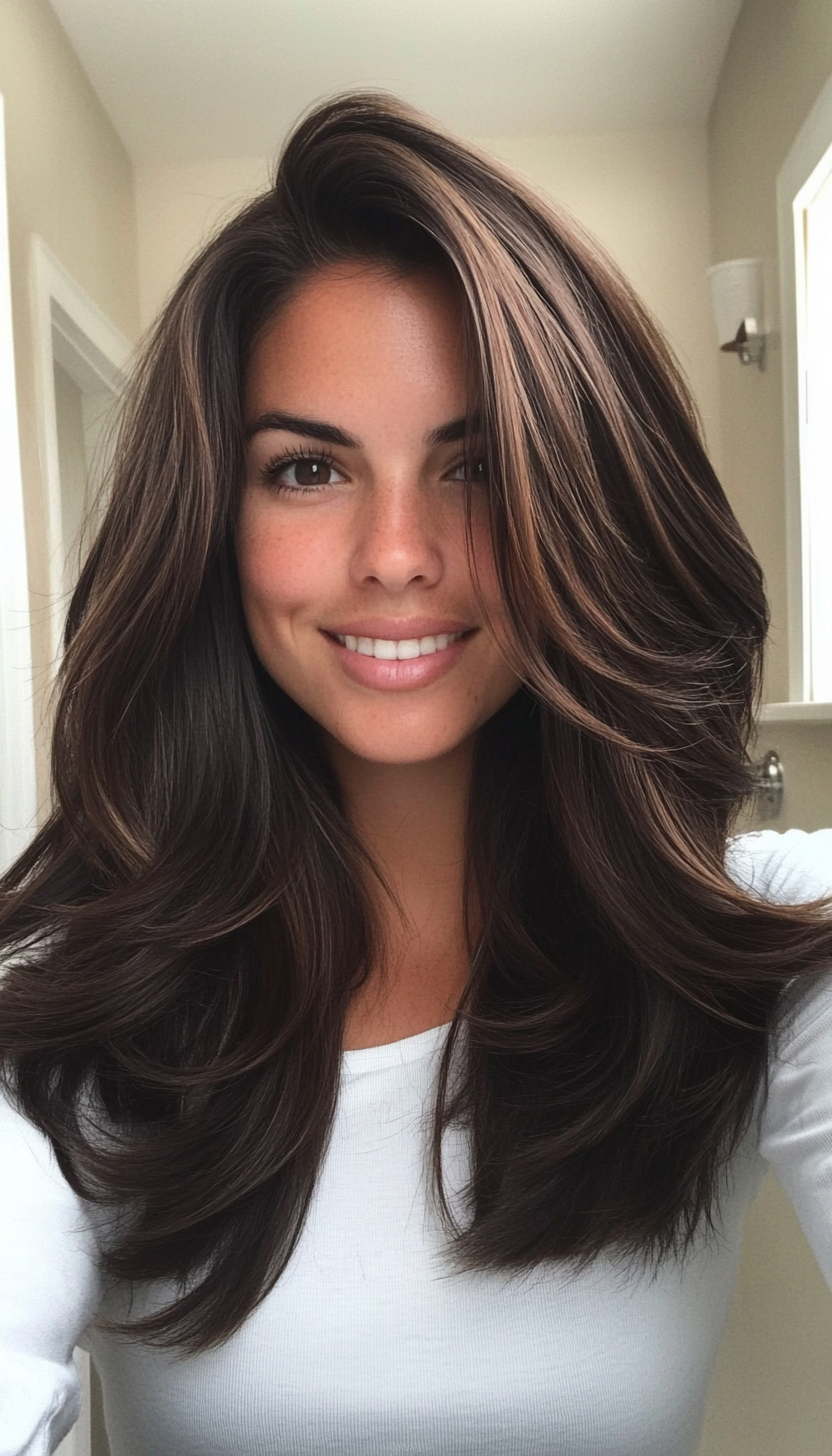 27. Swoopy Layers in Deep Brunette (Medium Length Layered Haircuts) - Medium Length Layered Haircuts