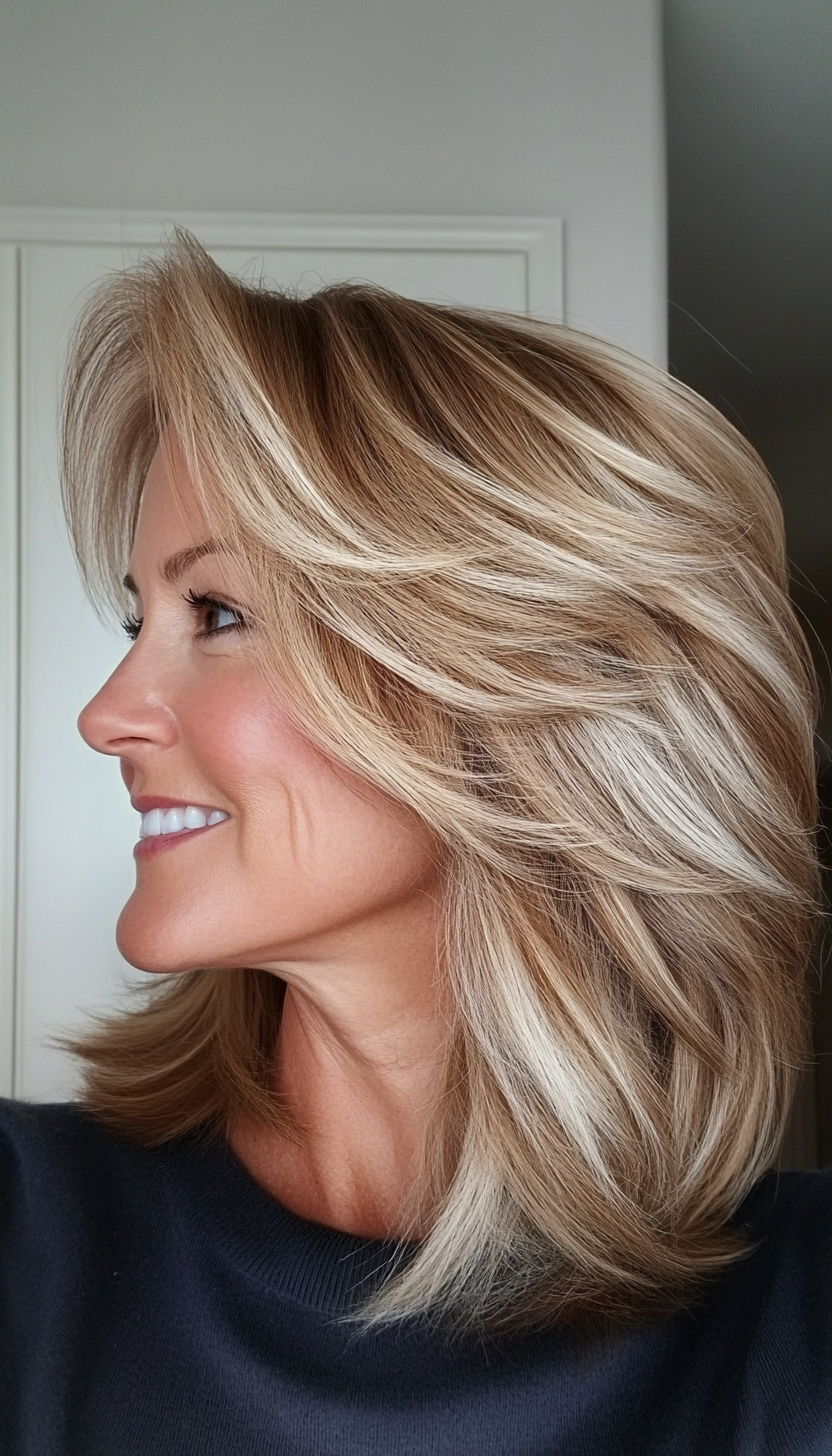 2. Feathered Shoulder Cut with Honey Blonde Highlights (Shoulder Length Hairstyles For Women Over 50) - Shoulder Length Hairstyles For Women Over 50