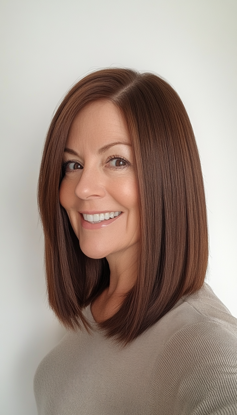 3. Sleek Shoulder-Length Cut with Deep Chestnut Brown (Shoulder Length Hairstyles For Women Over 50) - Shoulder Length Hairstyles For Women Over 50
