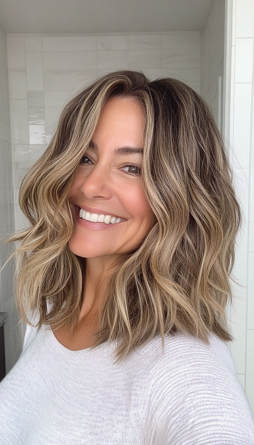 5. Wavy Lob with Ash Brown Undertones (Shoulder Length Hairstyles For Women Over 50) - Shoulder Length Hairstyles For Women Over 50
