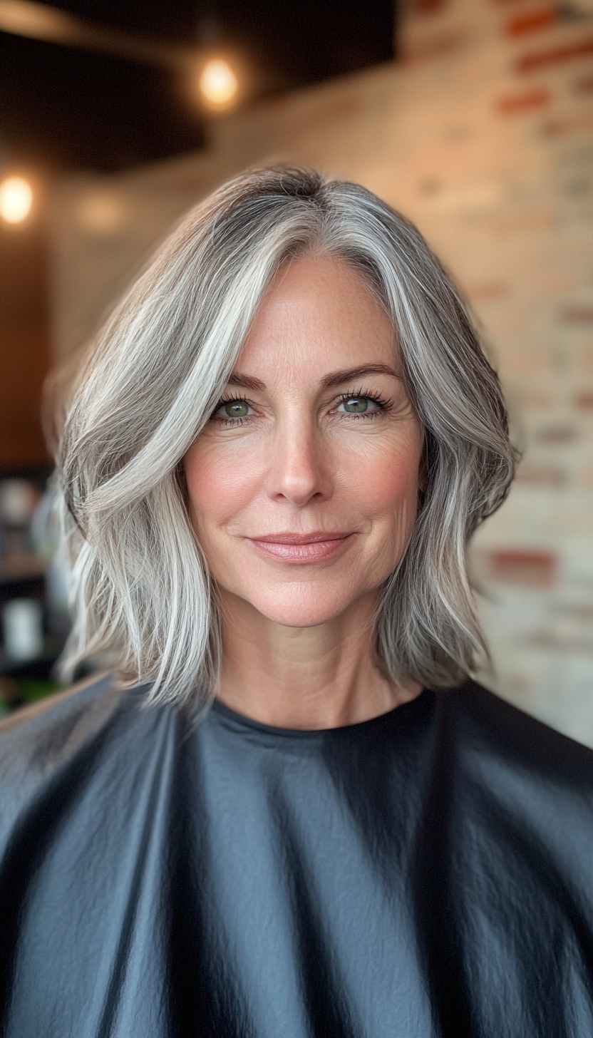 7. Textured Lob with Subtle Gray Blending (Shoulder Length Hairstyles For Women Over 50) - Shoulder Length Hairstyles For Women Over 50