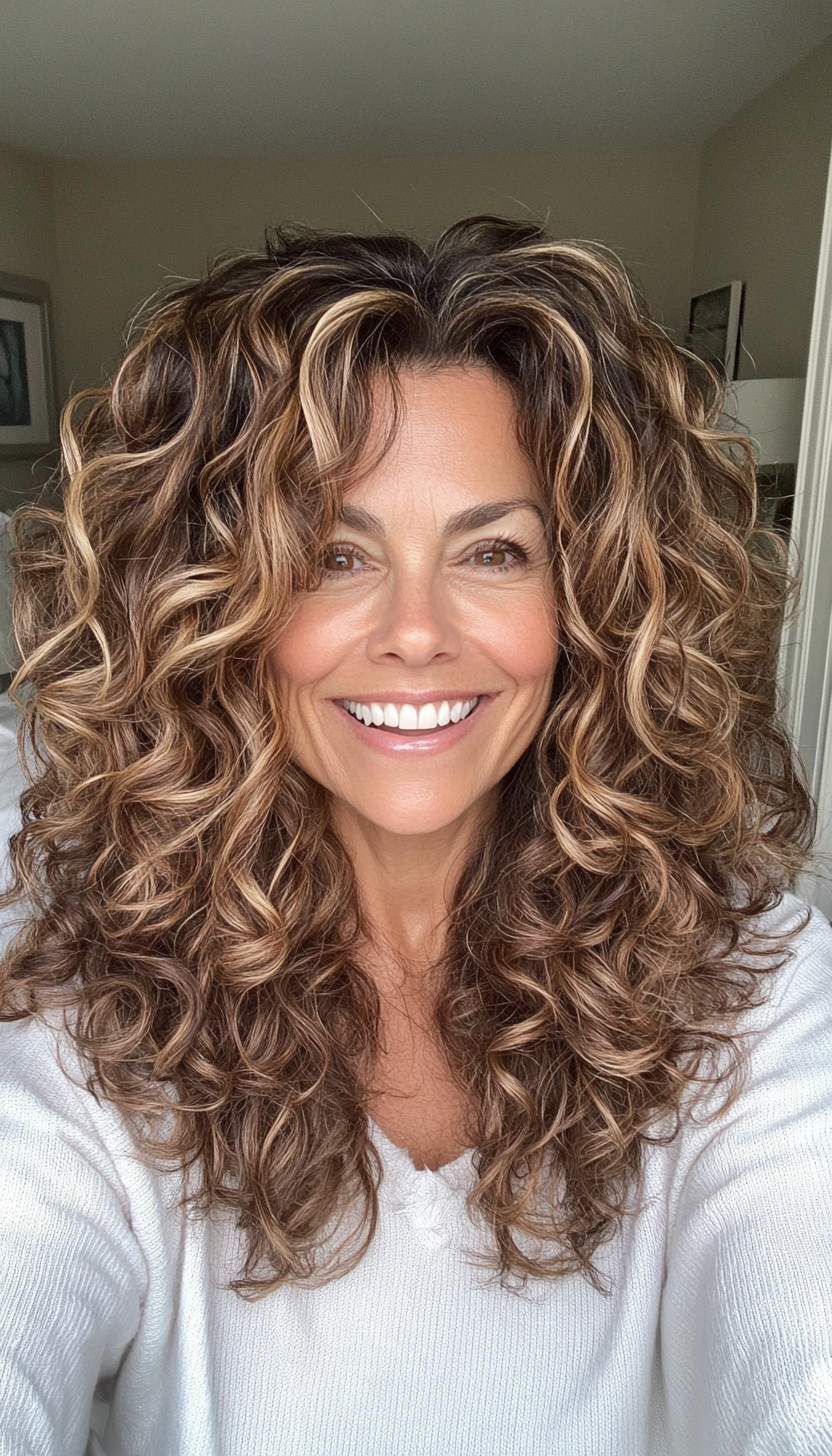8. Curly Shoulder Cut with Golden Brown Highlights (Shoulder Length Hairstyles For Women Over 50) - Shoulder Length Hairstyles For Women Over 50