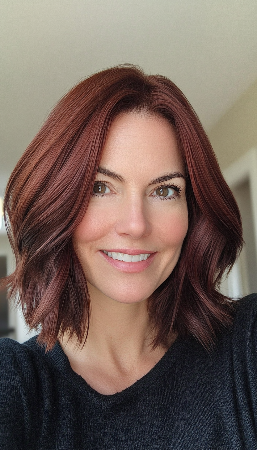 9. Angled Lob with Deep Mahogany Tones (Shoulder Length Hairstyles For Women Over 50) - Shoulder Length Hairstyles For Women Over 50