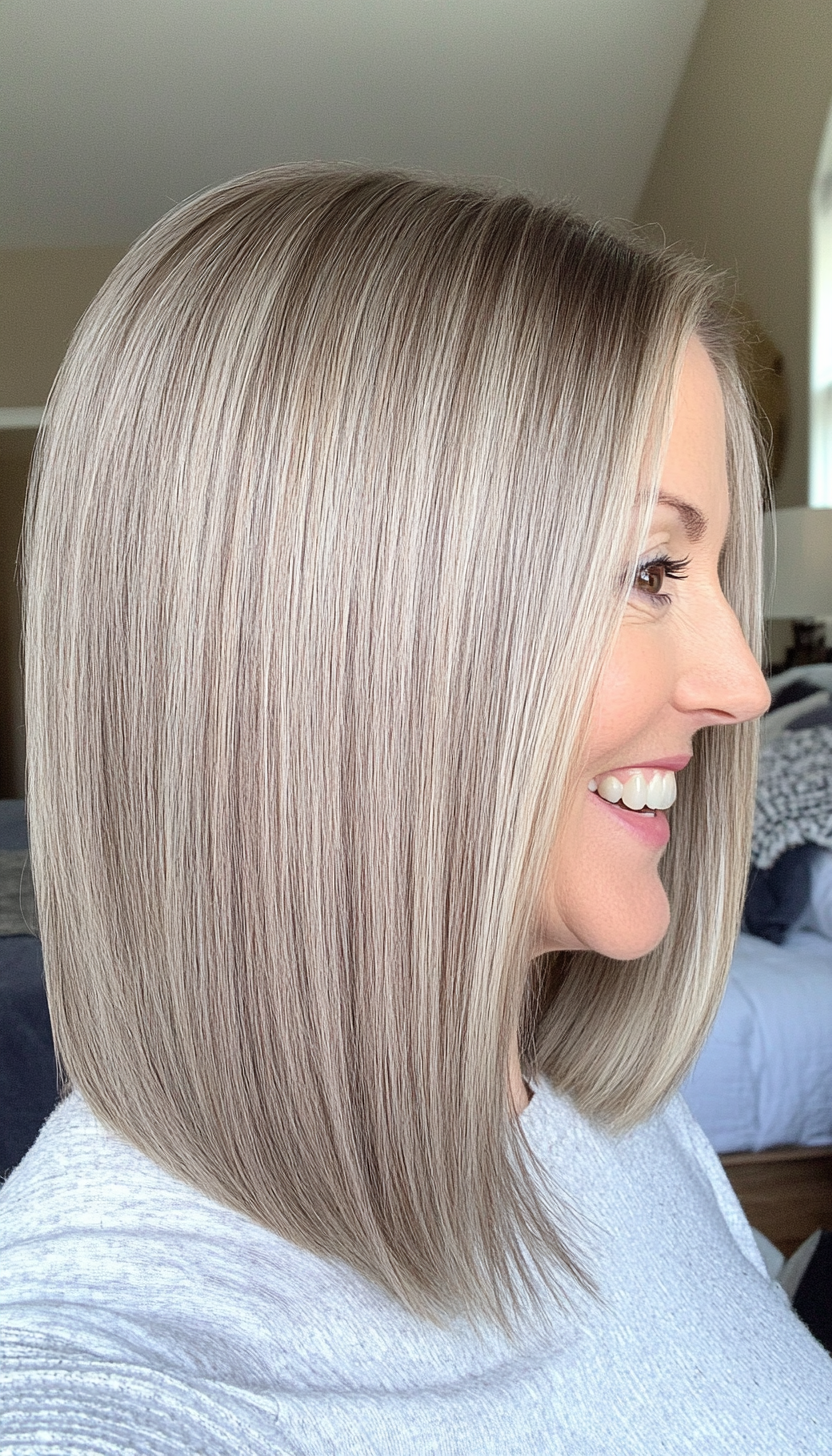 12. Straight Lob with Natural Salt-and-Pepper Blend (Shoulder Length Hairstyles For Women Over 50) - Shoulder Length Hairstyles For Women Over 50
