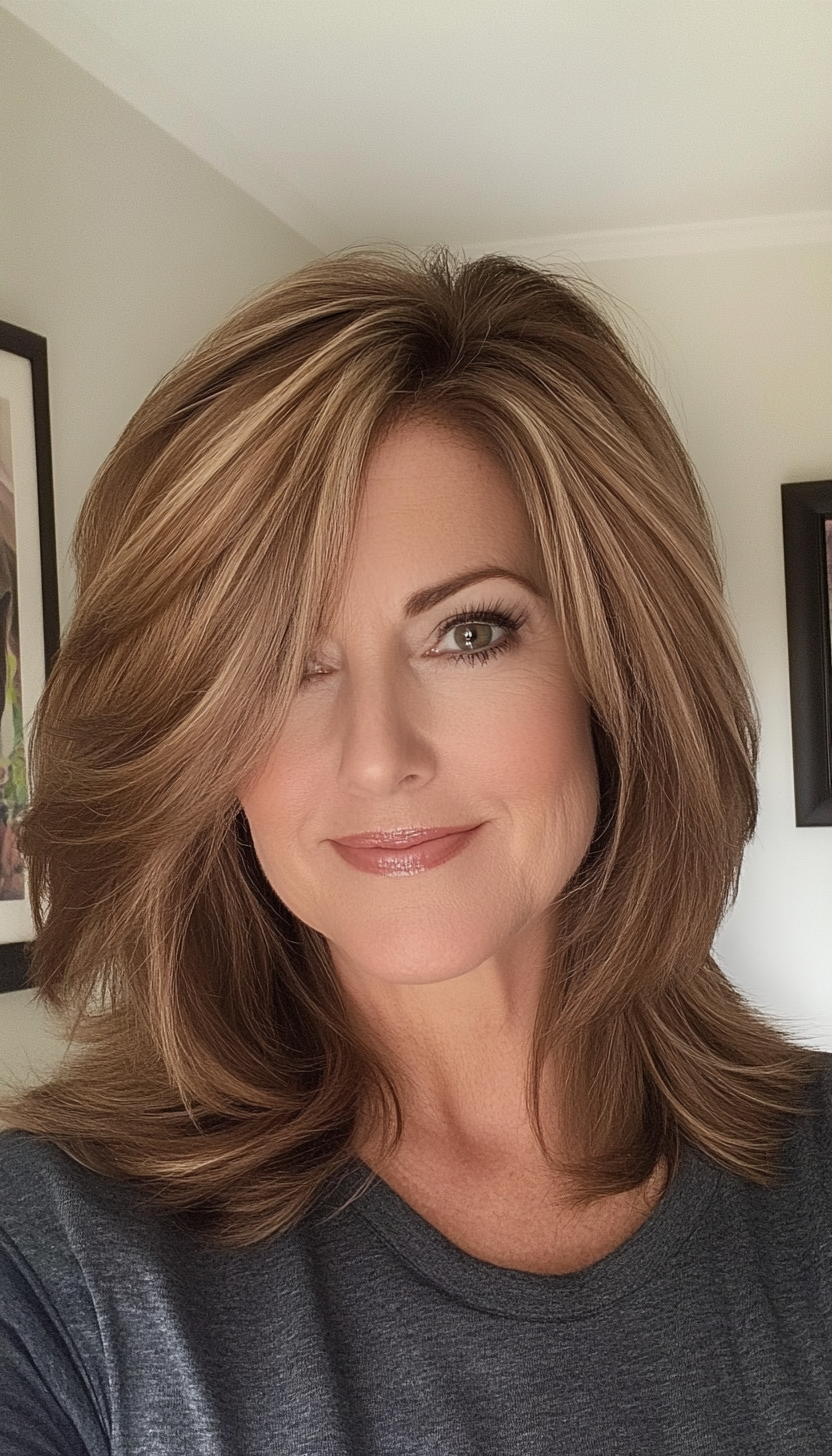 13. Side-Swept Layers with Cocoa Brown Hues (Shoulder Length Hairstyles For Women Over 50) - Shoulder Length Hairstyles For Women Over 50
