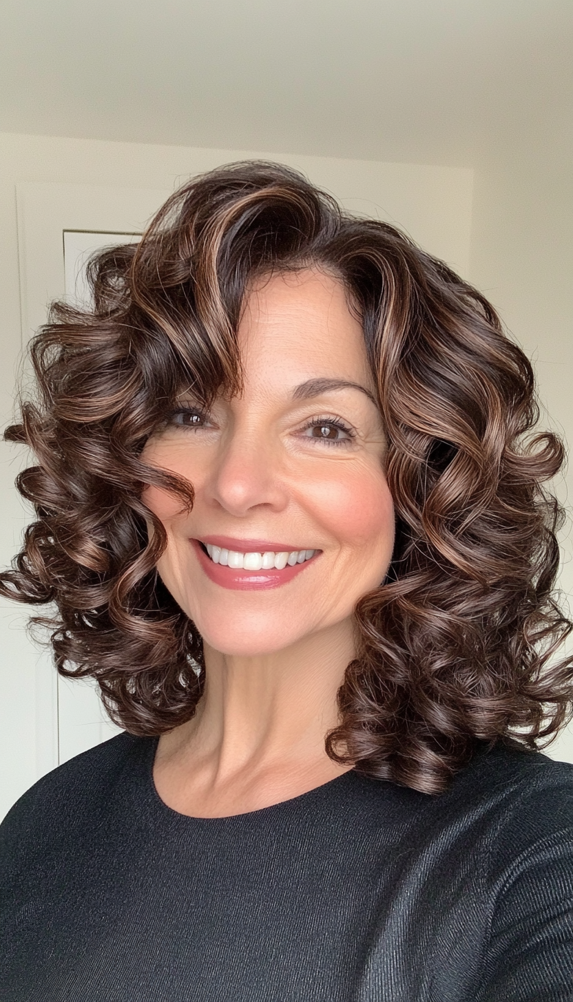 14. Voluminous Curly Lob in Deep Espresso Brown (Shoulder Length Hairstyles For Women Over 50) - Shoulder Length Hairstyles For Women Over 50