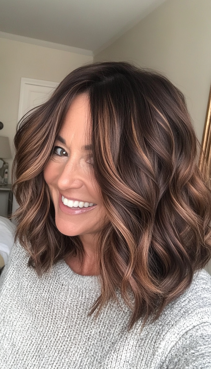 16. Tousled Mid-Length Waves in Dark Chestnut Brown (Shoulder Length Hairstyles For Women Over 50) - Shoulder Length Hairstyles For Women Over 50