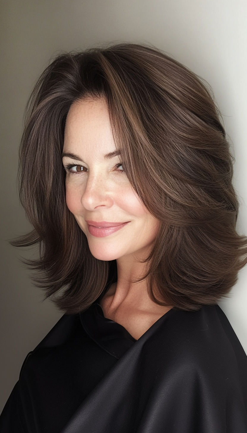 17. Face-Framing Layers in Natural Dark Brown (Shoulder Length Hairstyles For Women Over 50) - Shoulder Length Hairstyles For Women Over 50