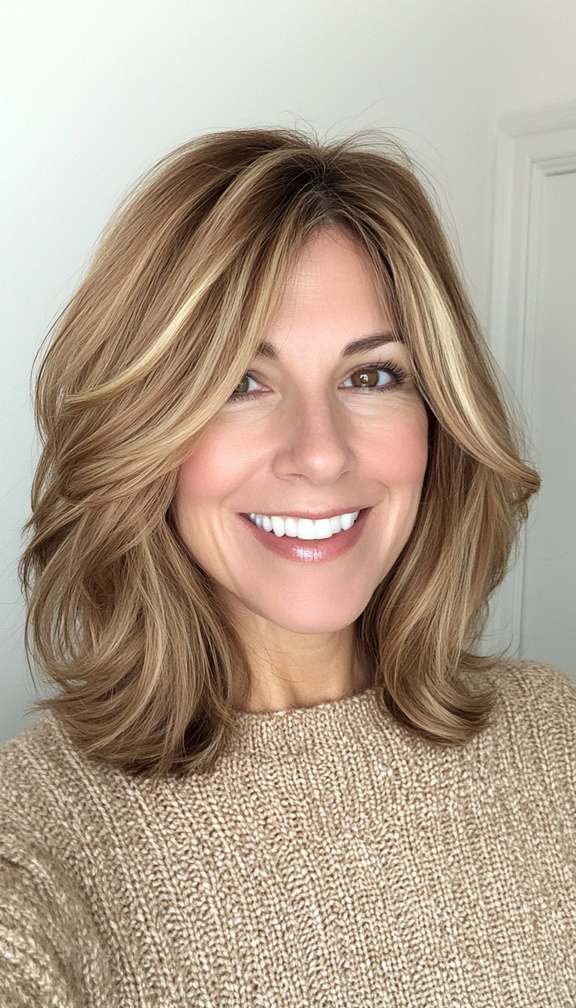 19. Flipped-Out Layers in Golden Honey Brown (Shoulder Length Hairstyles For Women Over 50) - Shoulder Length Hairstyles For Women Over 50
