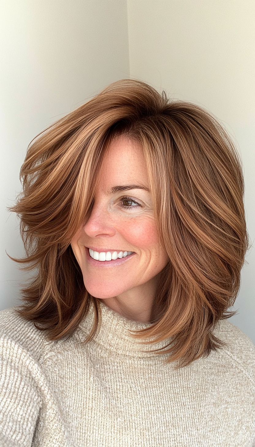 22. Choppy Lob with Cinnamon Brown Undertones (Shoulder Length Hairstyles For Women Over 50) - Shoulder Length Hairstyles For Women Over 50