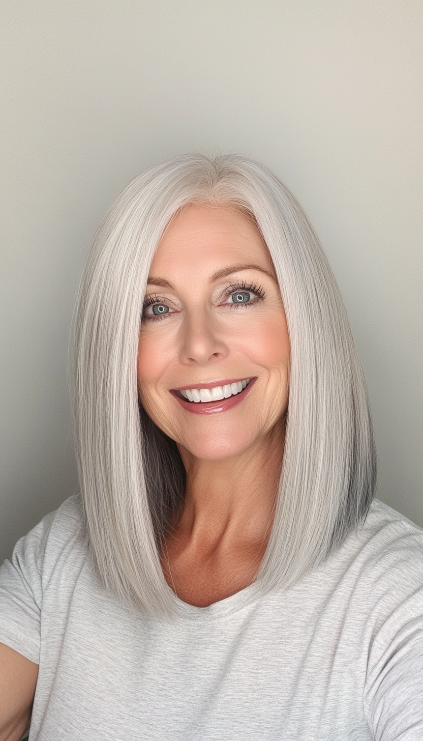 23. Smooth Shoulder-Length Cut with Silver Blending (Shoulder Length Hairstyles For Women Over 50) - Shoulder Length Hairstyles For Women Over 50