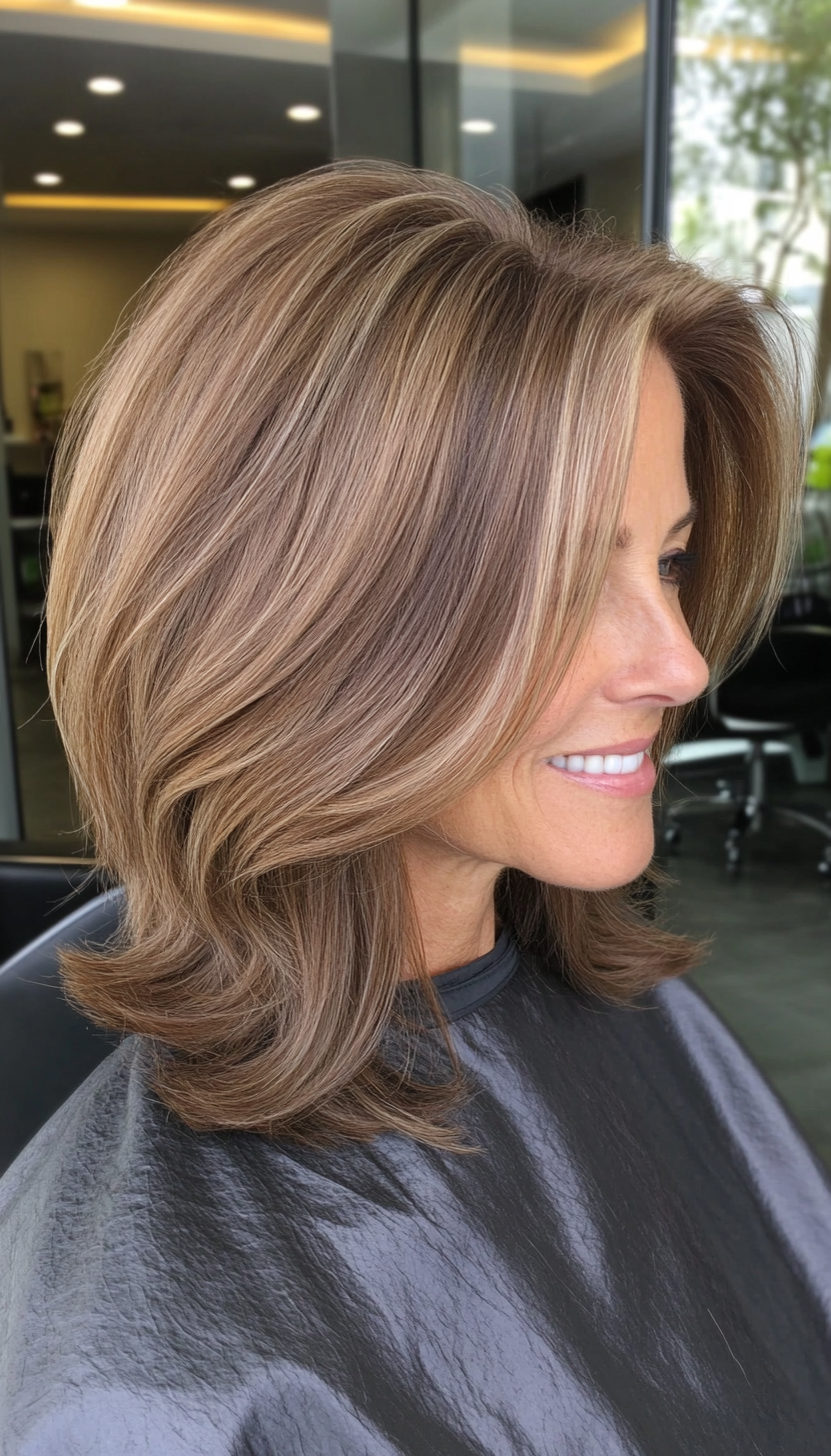 24. Long Layered Lob in Warm Hazel Brown (Shoulder Length Hairstyles For Women Over 50) - Shoulder Length Hairstyles For Women Over 50