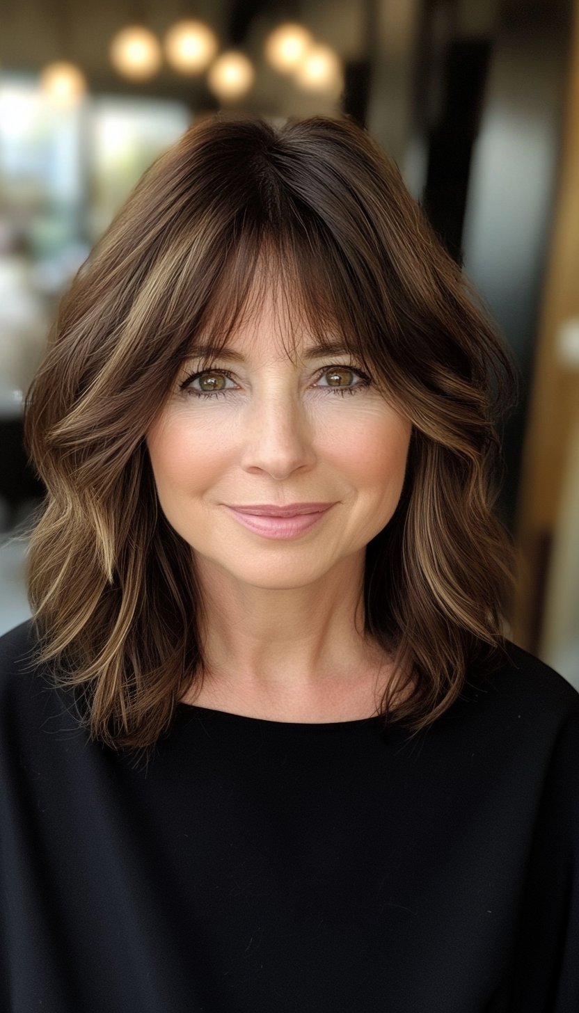 25. Shoulder-Length Cut with Curtain Bangs in Soft Mocha Brown (Shoulder Length Hairstyles For Women Over 50) - Shoulder Length Hairstyles For Women Over 50