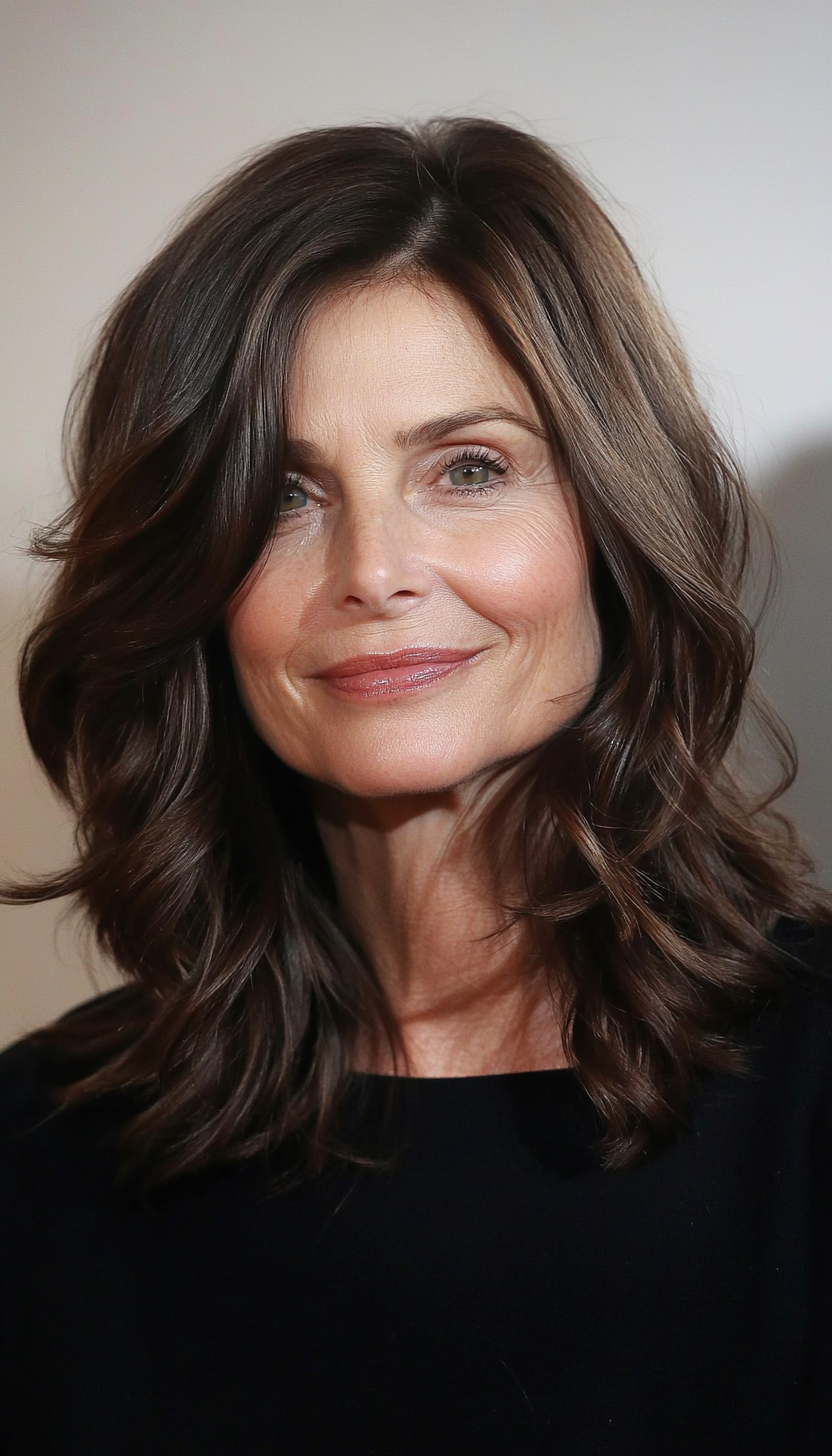 27. Wavy Shoulder-Length Cut with Deep Chocolate Brown (Shoulder Length Hairstyles For Women Over 50) - Shoulder Length Hairstyles For Women Over 50