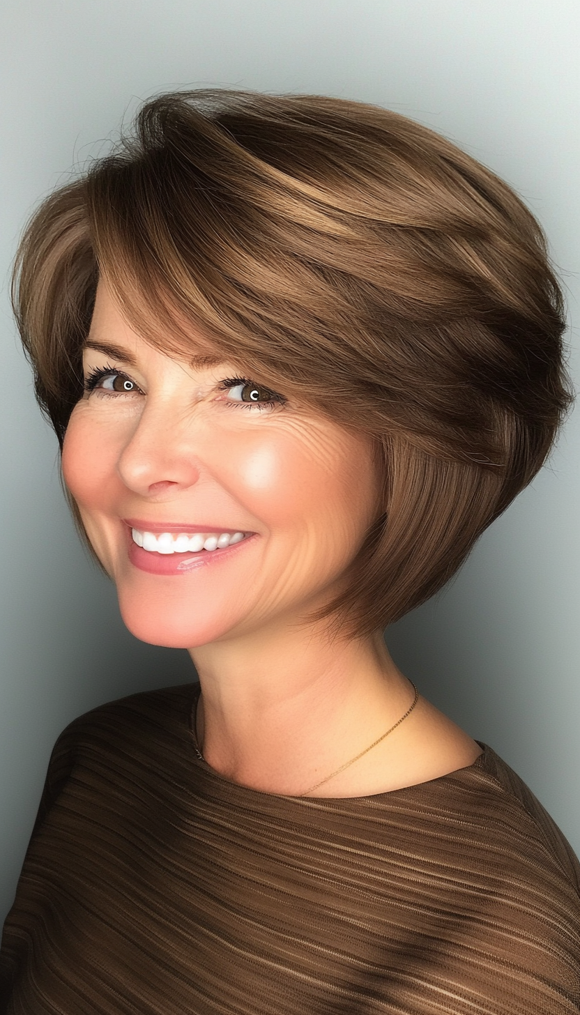 9. Short Voluminous Bob in Warm Caramel Brown (Hairstyles For Women Over 70) - Hairstyles For Women Over 70