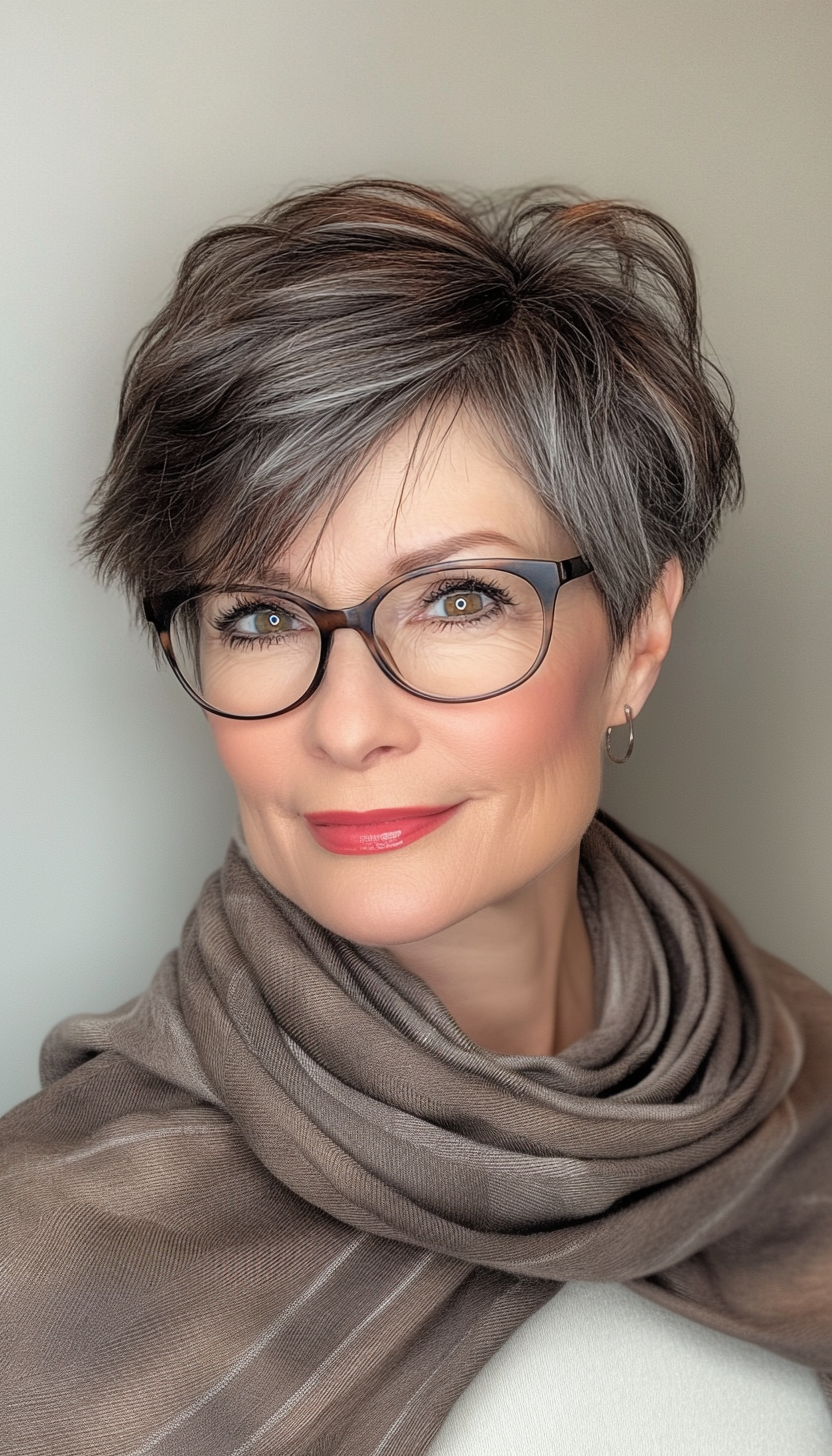 14. Layered Pixie with Side Sweep in Rich Espresso (Hairstyles For Women Over 70) - Hairstyles For Women Over 70
