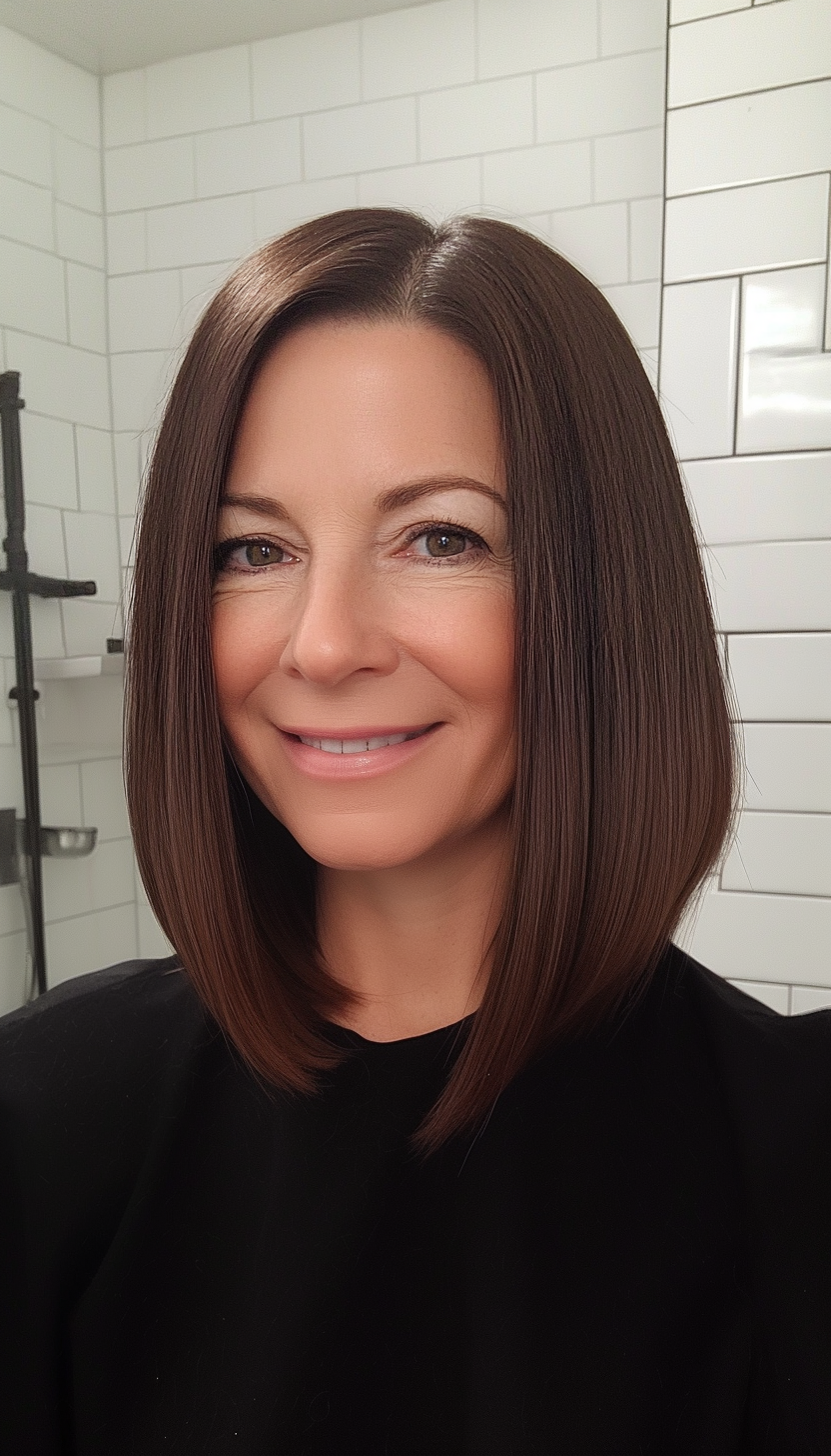 15. Sleek Shoulder-Length Straight Cut in Deep Mahogany (Hairstyles For Women Over 70) - Hairstyles For Women Over 70