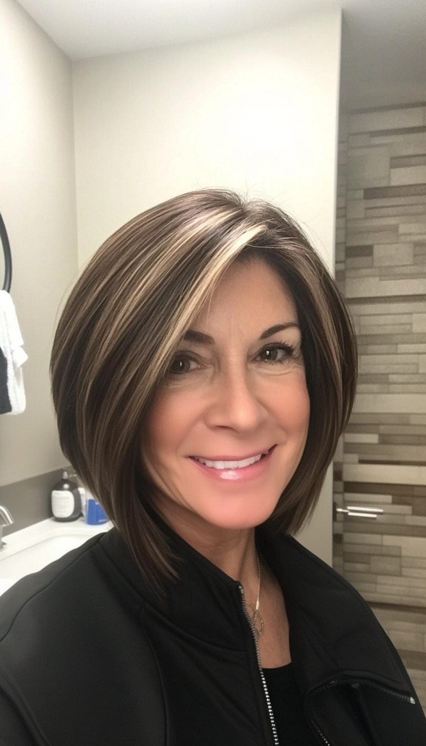 23. Asymmetrical Bob in Natural Brunette (Hairstyles For Women Over 70) - Hairstyles For Women Over 70