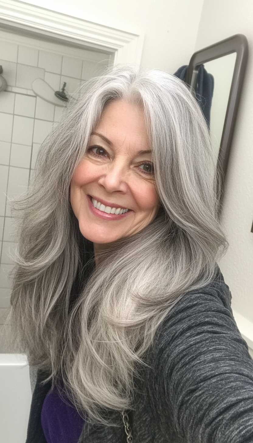 26. Long Soft Layers in Classic Pearl Gray (Hairstyles For Women Over 70) - Hairstyles For Women Over 70