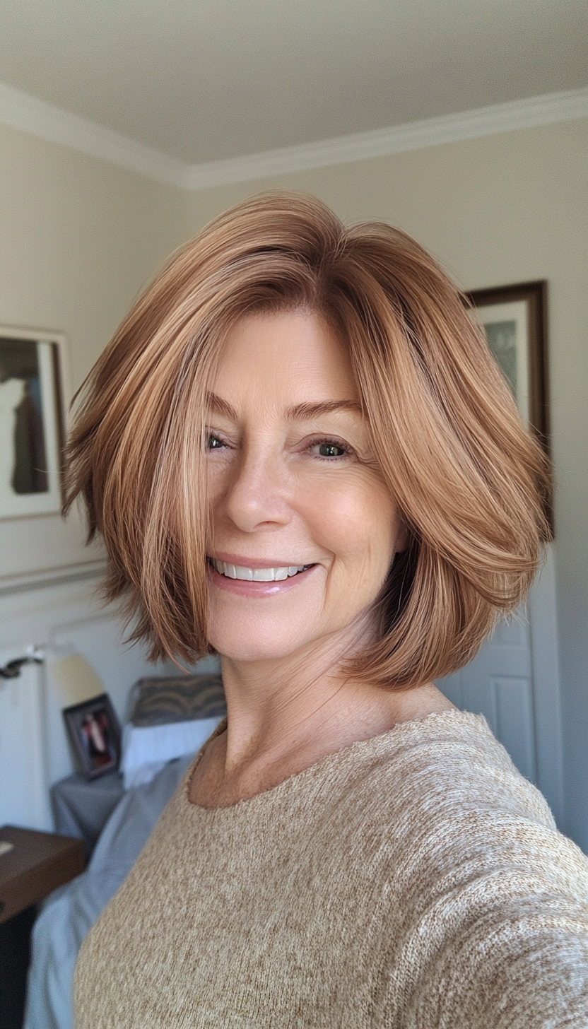 3. Feathered Bob in Light Chestnut (Bob Hairstyles For Older Women) - Bob Hairstyles For Older Women