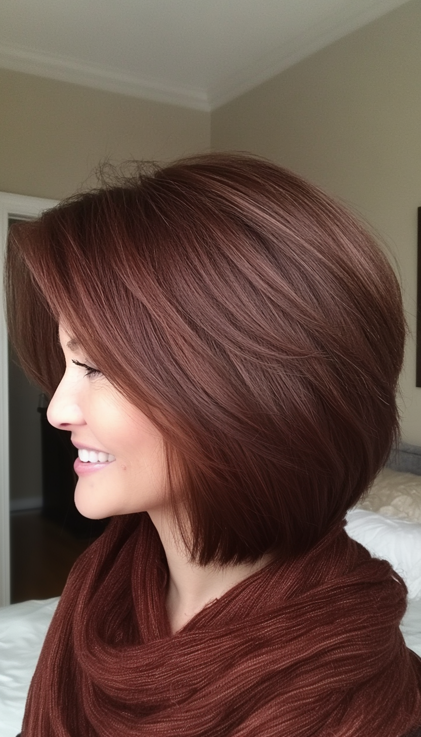 8. Stacked Bob in Deep Mahogany (Bob Hairstyles For Older Women) - Bob Hairstyles For Older Women