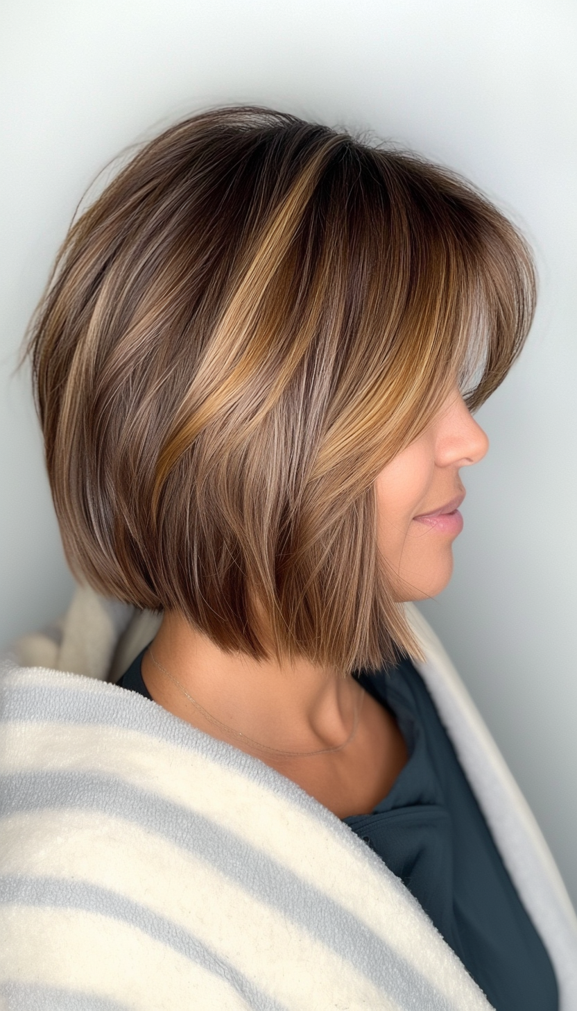 10. Layered Bob with Bangs in Soft Caramel Brown (Bob Hairstyles For Older Women) - Bob Hairstyles For Older Women