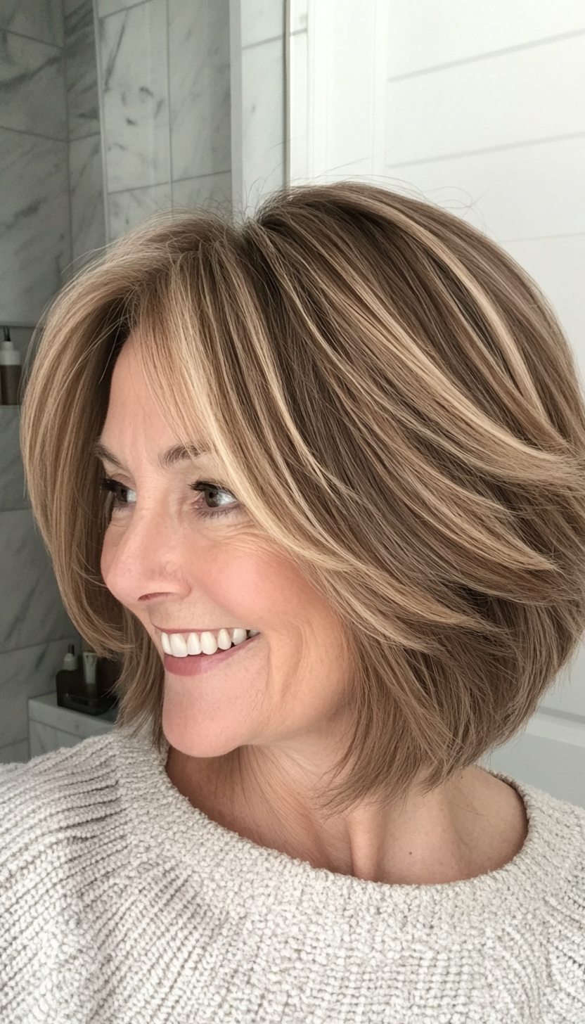14. Layered Bob with Face-Framing Highlights in Light Brown (Bob Hairstyles For Older Women) - Bob Hairstyles For Older Women