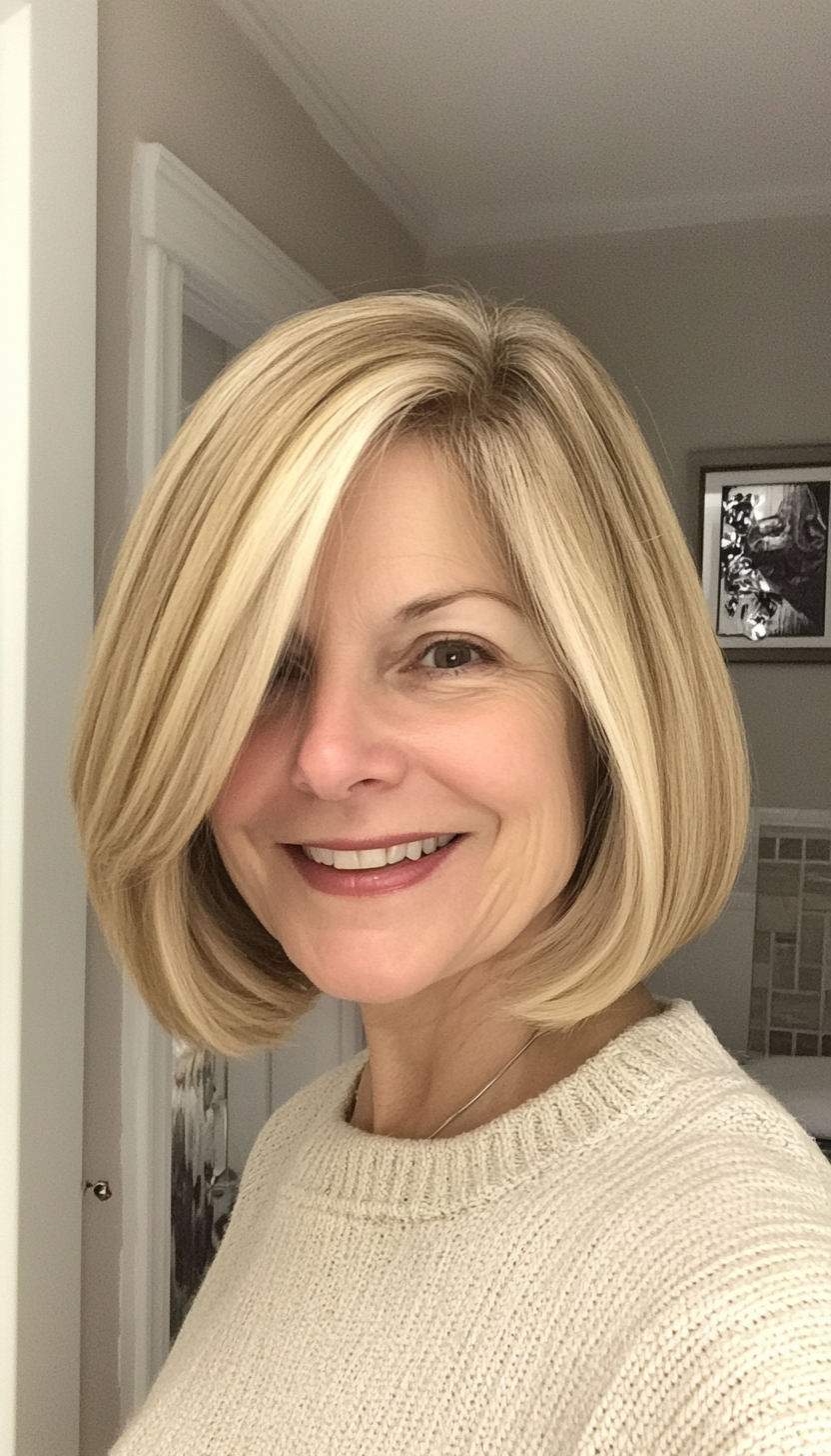 25. Classic Bob with Curtain Bangs in Honey Blonde (Bob Hairstyles For Older Women) - Bob Hairstyles For Older Women