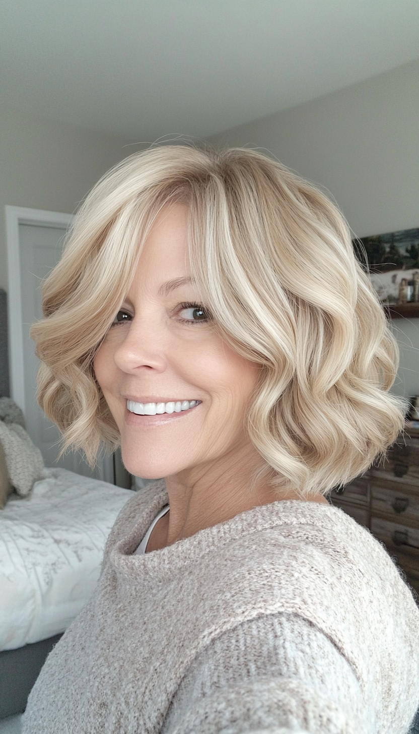 26. Wavy Bob with Layers in Soft Beige Blonde (Bob Hairstyles For Older Women) - Bob Hairstyles For Older Women