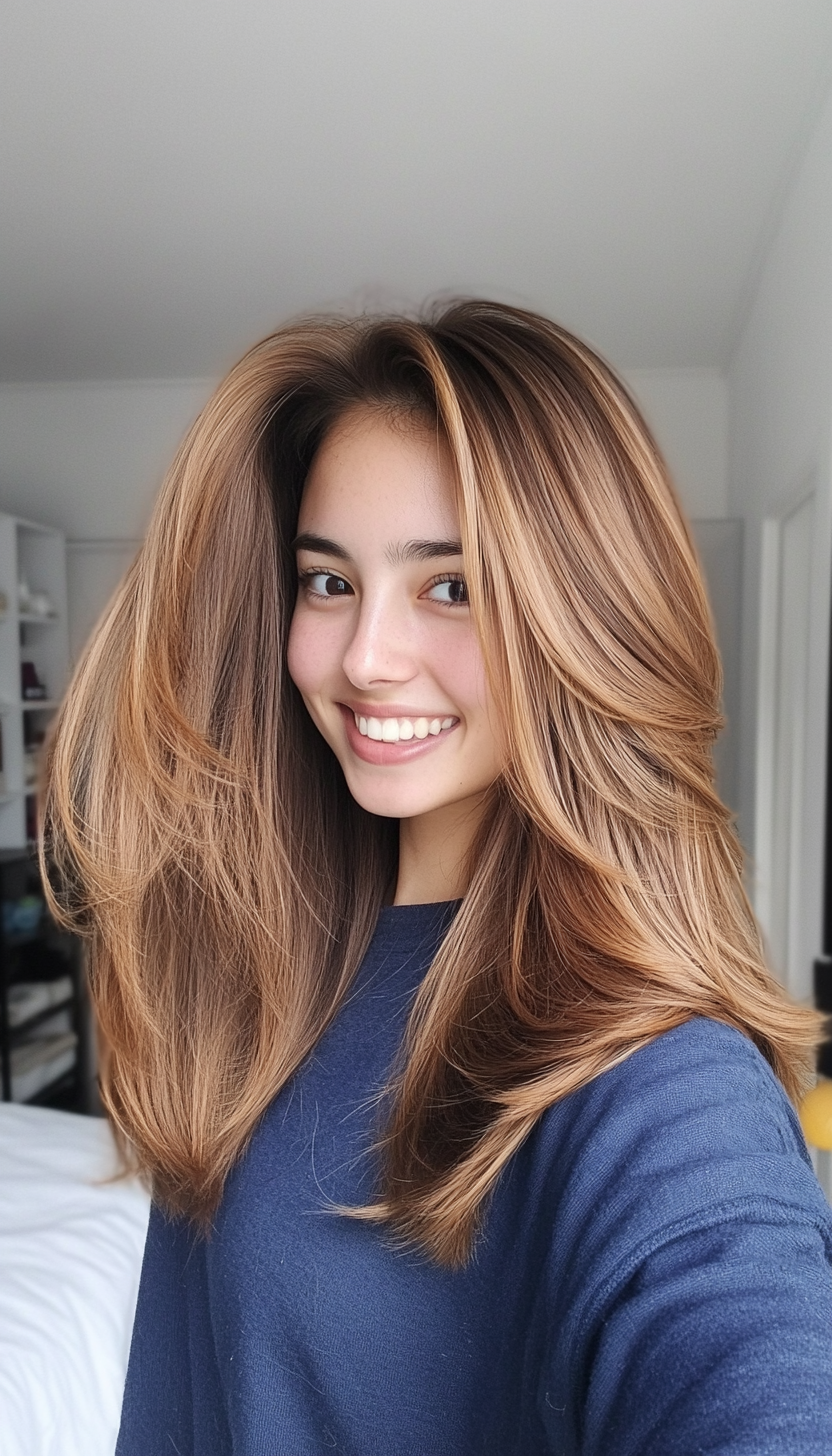 8. Wispy Layers in Caramel Brown (Medium Layered Haircuts) - Medium Layered Haircuts