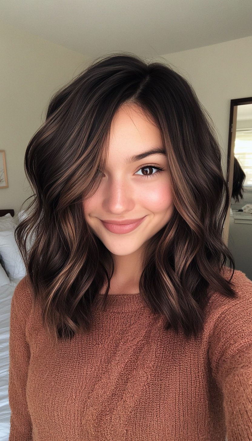 16. Layered Waves in Dark Coffee Brown (Medium Layered Haircuts) - Medium Layered Haircuts