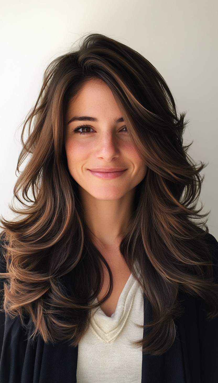 27. Layered Soft Waves in Deep Chestnut Brown (Medium Layered Haircuts) - Medium Layered Haircuts