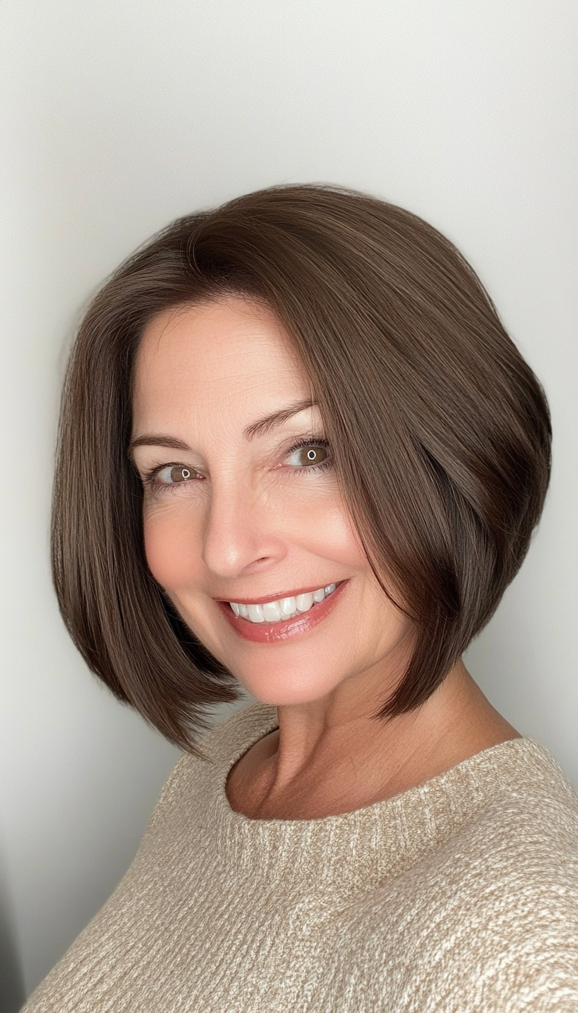 2. Chin-Length Sleek Bob in Dark Espresso Brown (Hairstyles For Women Over 50 With Fine Hair) - Hairstyles For Women Over 50 With Fine Hair