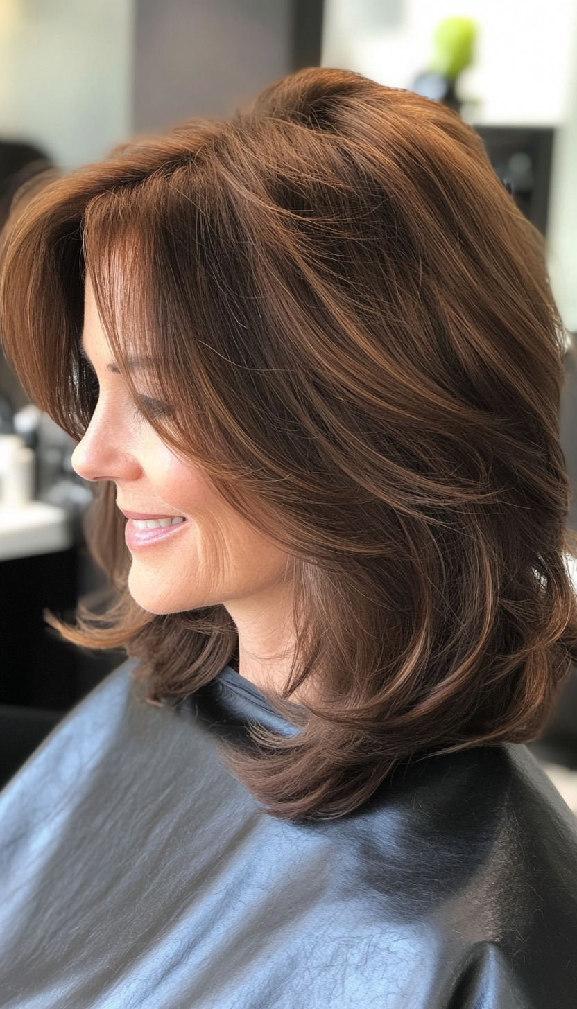 4. Shoulder-Length Wispy Layers in Chestnut Brown (Hairstyles For Women Over 50 With Fine Hair) - Hairstyles For Women Over 50 With Fine Hair