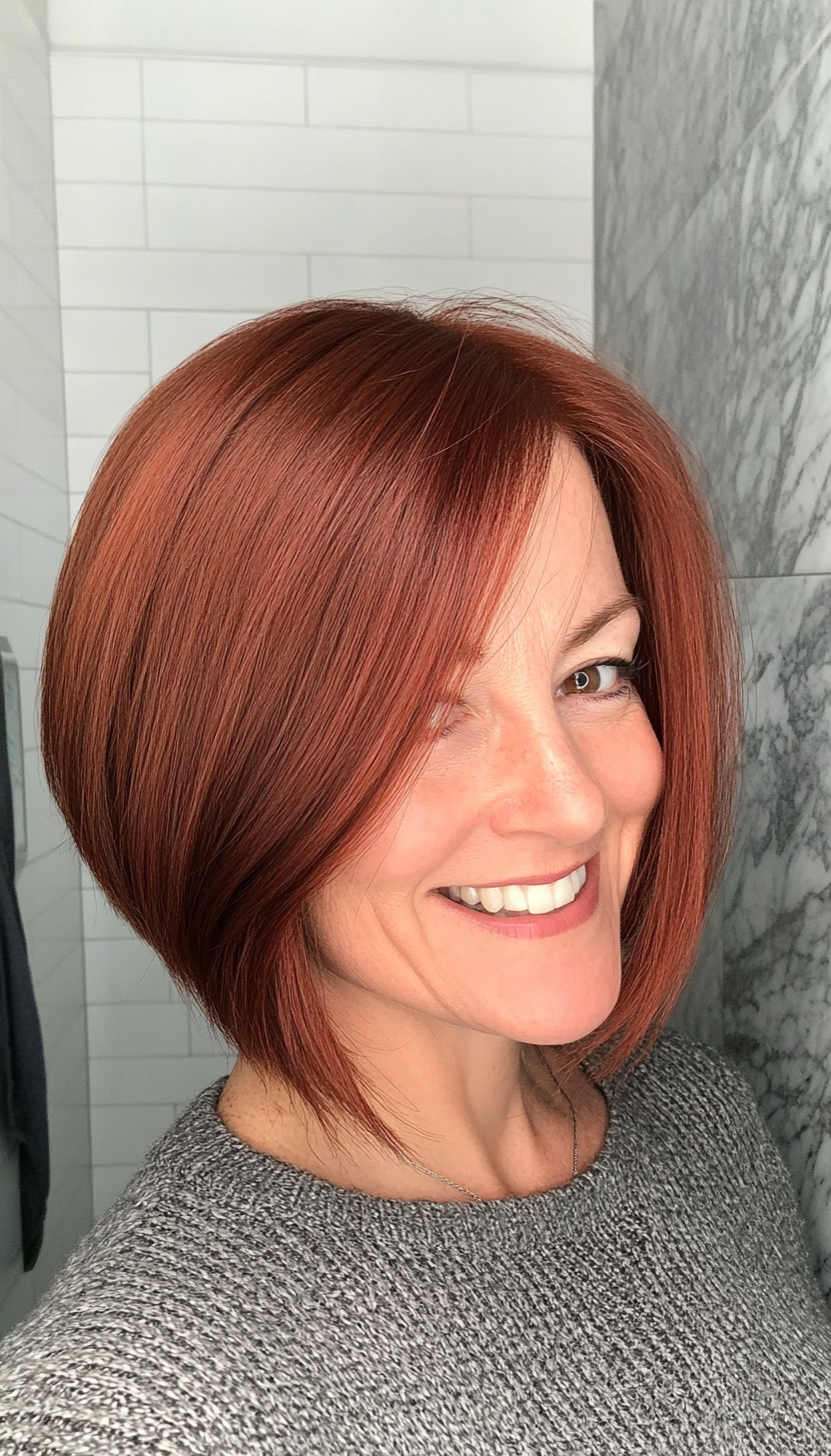 7. Angled Bob with Side Bangs in Auburn Red (Hairstyles For Women Over 50 With Fine Hair) - Hairstyles For Women Over 50 With Fine Hair