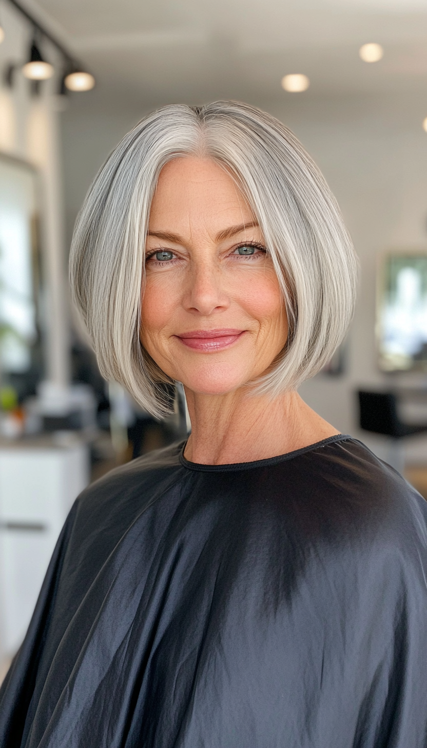 9. Classic Short Bob in Silver Gray (Hairstyles For Women Over 50 With Fine Hair) - Hairstyles For Women Over 50 With Fine Hair