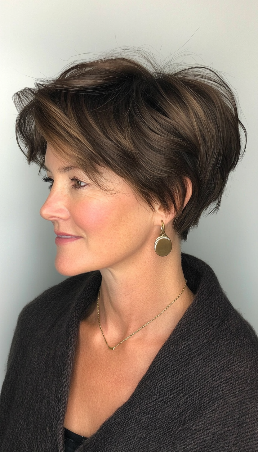 10. Choppy Pixie in Dark Chocolate Brown (Hairstyles For Women Over 50 With Fine Hair) - Hairstyles For Women Over 50 With Fine Hair